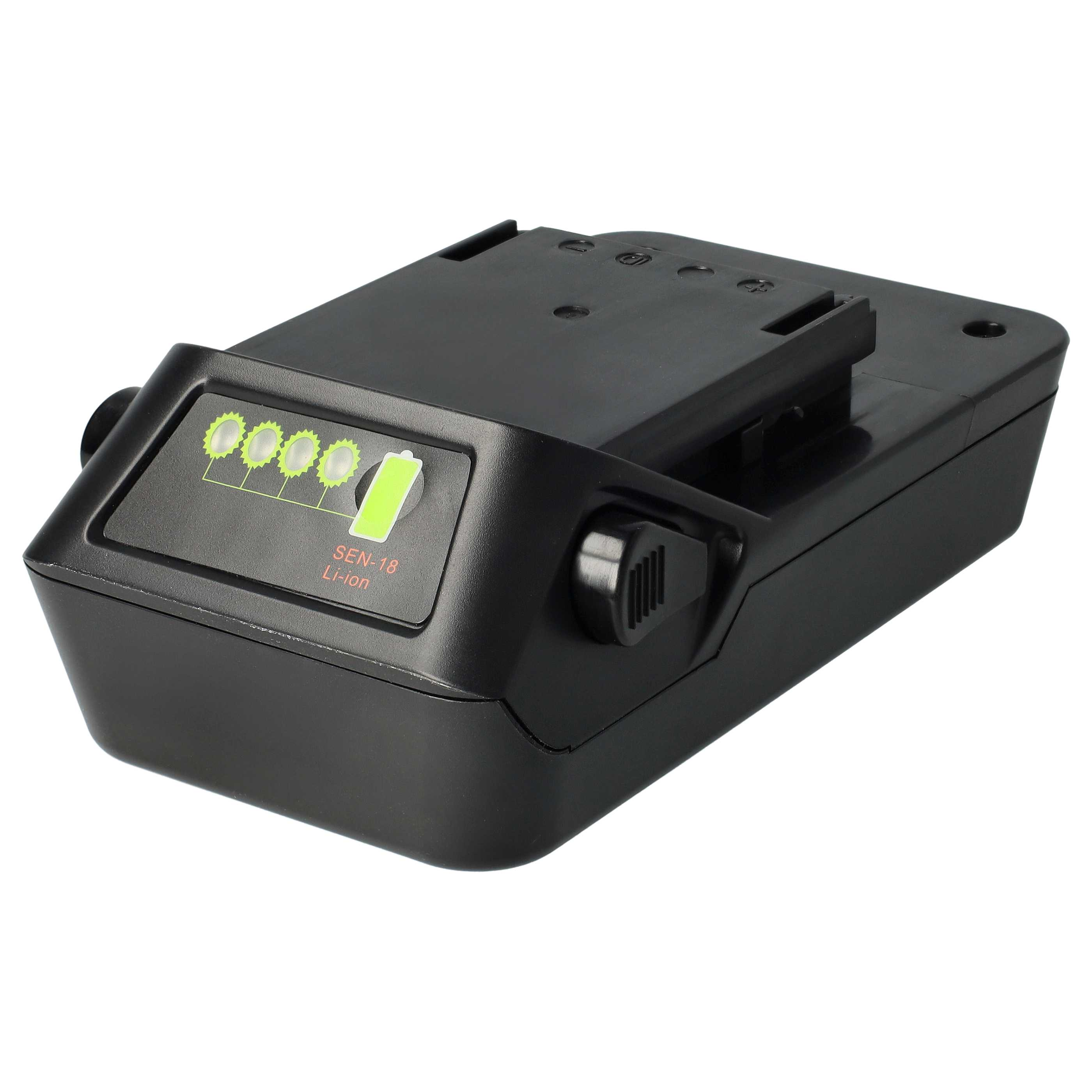 Ein schwarzer Akku für ein Elektrowerkzeug mit Batteriestandsanzeigen und Markennamen auf weißem Hintergrund.