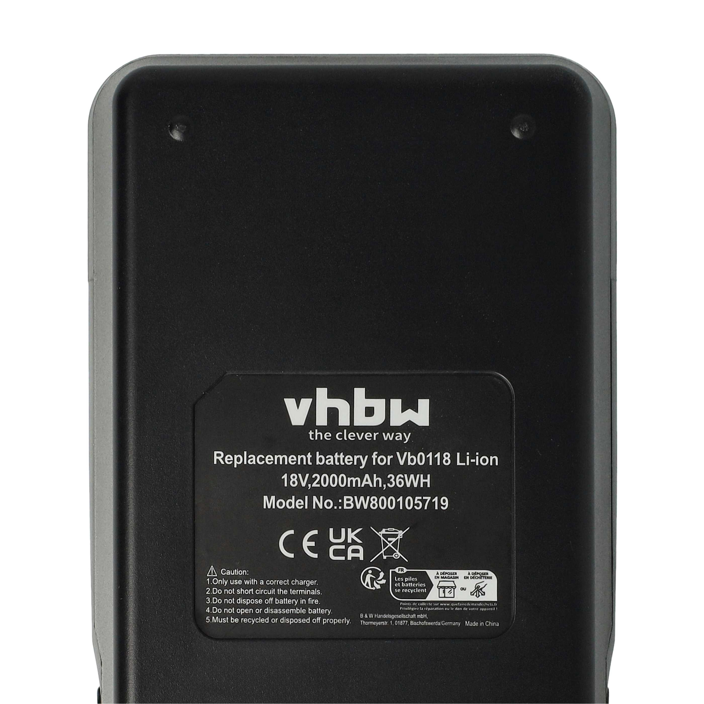Schwarzer Ersatzakku für Vb0118 Li-Ion. Enthält Text: vhbw, 18V, 2000mAh und Recycling-Symbole.