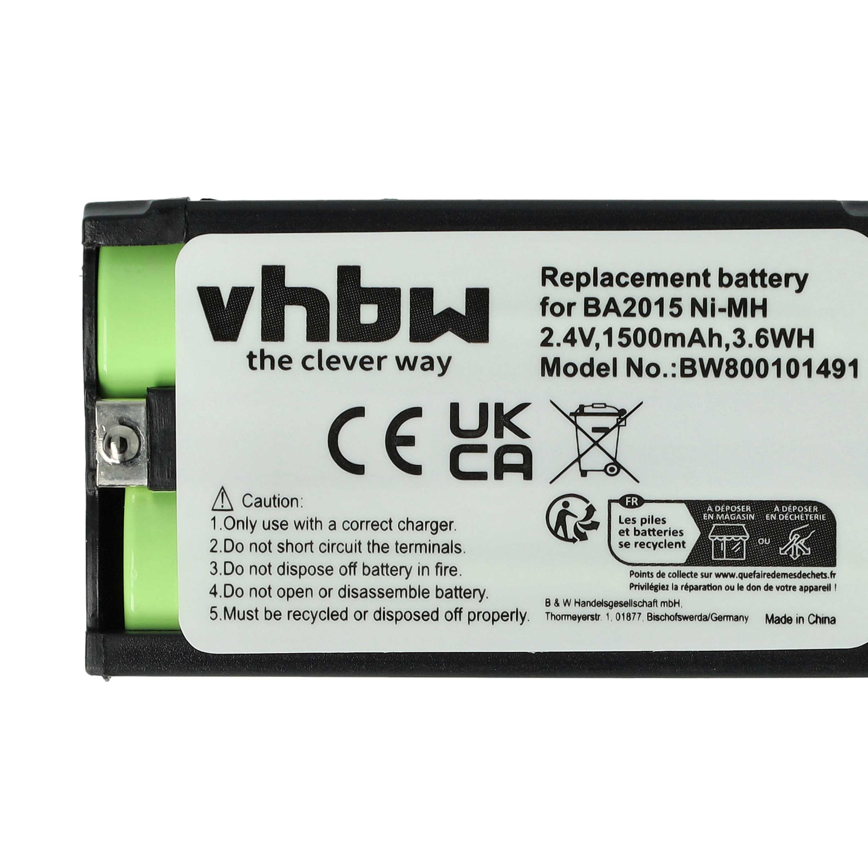 Ein Akku mit Text und Symbolen. Grüne zylindrische Zellen sind sichtbar. Text enthält "Ersatzbatterie" und Warnungen.