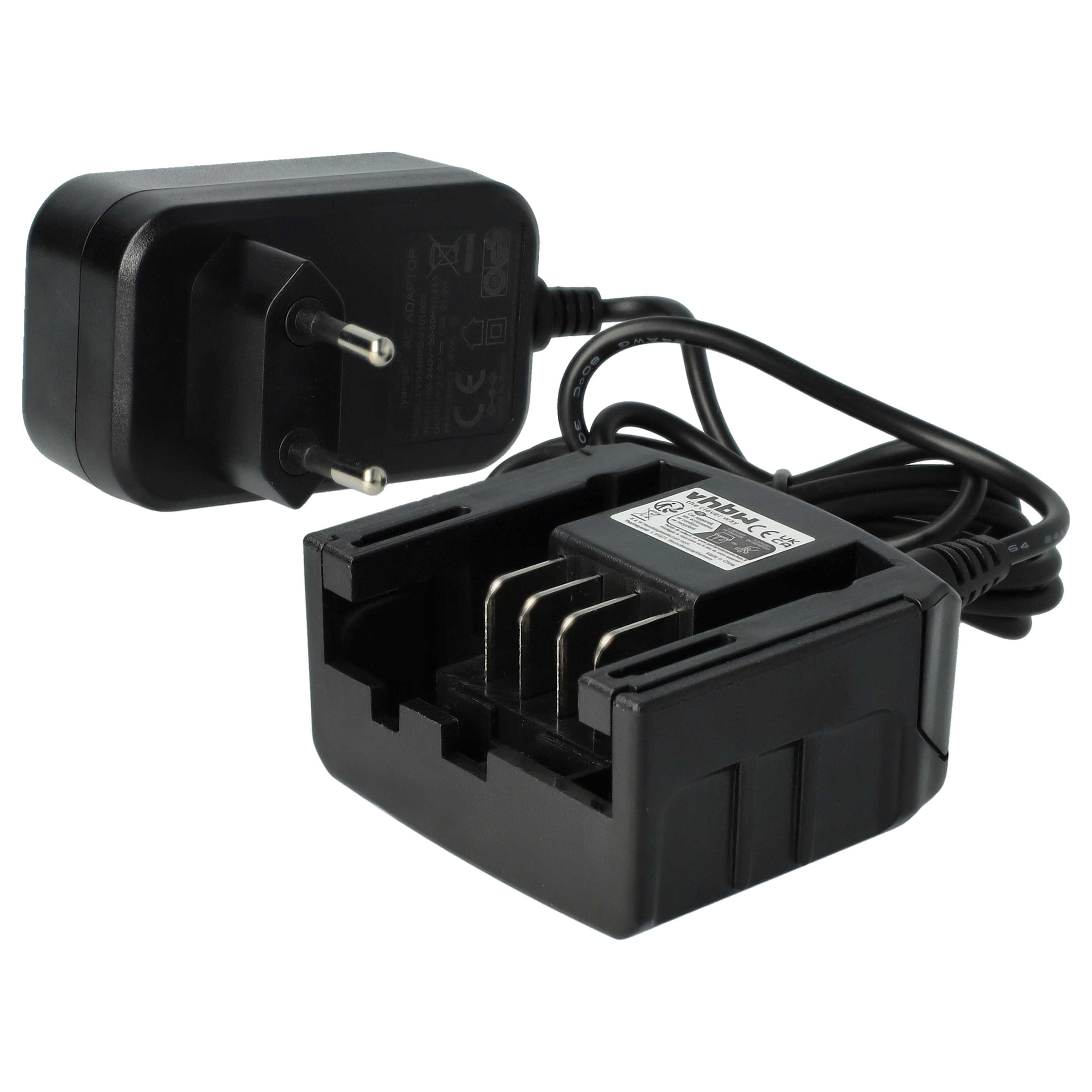 Ein schwarzes Netzteil und Ladegerät. Das Ladegerät hat Schlitze für Batterien. Ein Kabel verbindet sie.