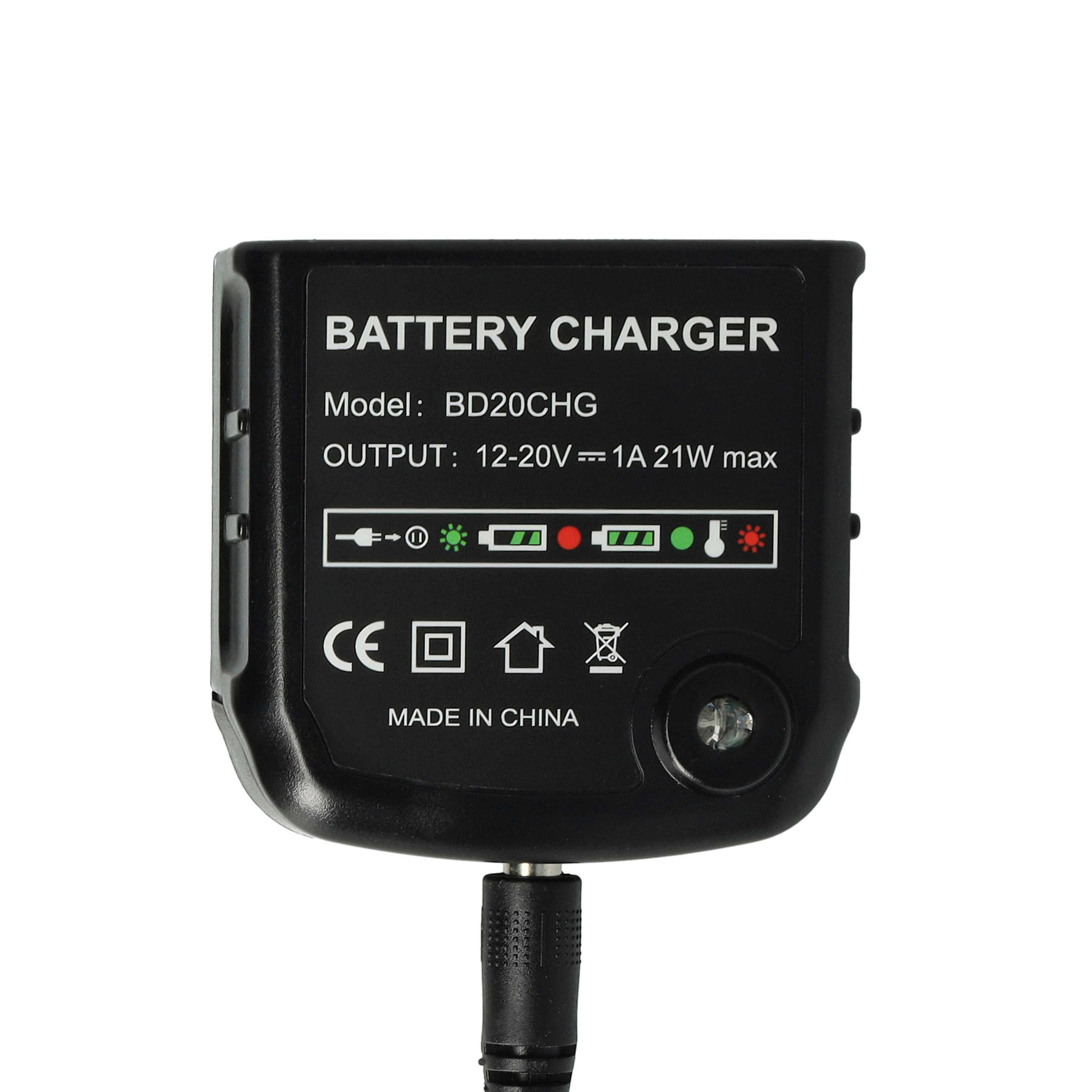 Schwarzes Batterieladegerät mit weißem Text: Battery Charger, Modell BD20CHG, Ausgang 12-20V, 1A, 21W max. Hergestellt in China.