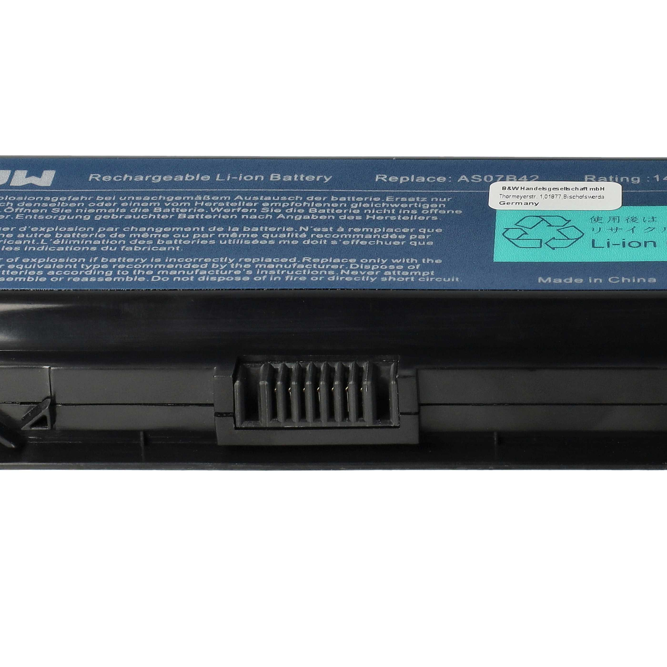 Akku mit blauem Etikett und Text. Recycling-Symbol sichtbar. Text: Wiederaufladbarer Li-Ionen-Akku, Made in China.