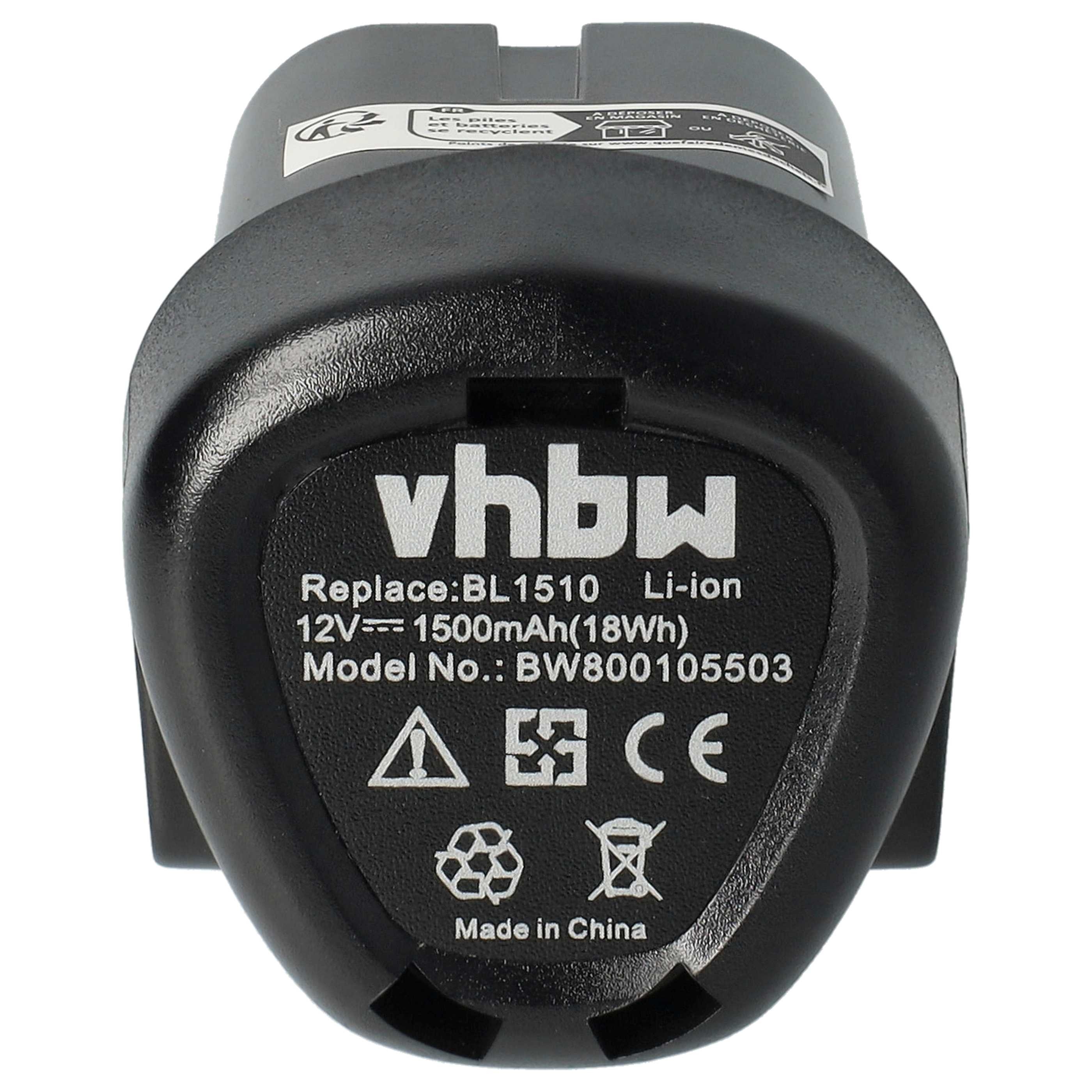 Ein schwarzer Akku mit weißem Text mit der Aufschrift 'vhbw', 'Li-Ion' und anderen technischen Details. Mit Recycling-Symbolen und CE-Kennzeichnung.