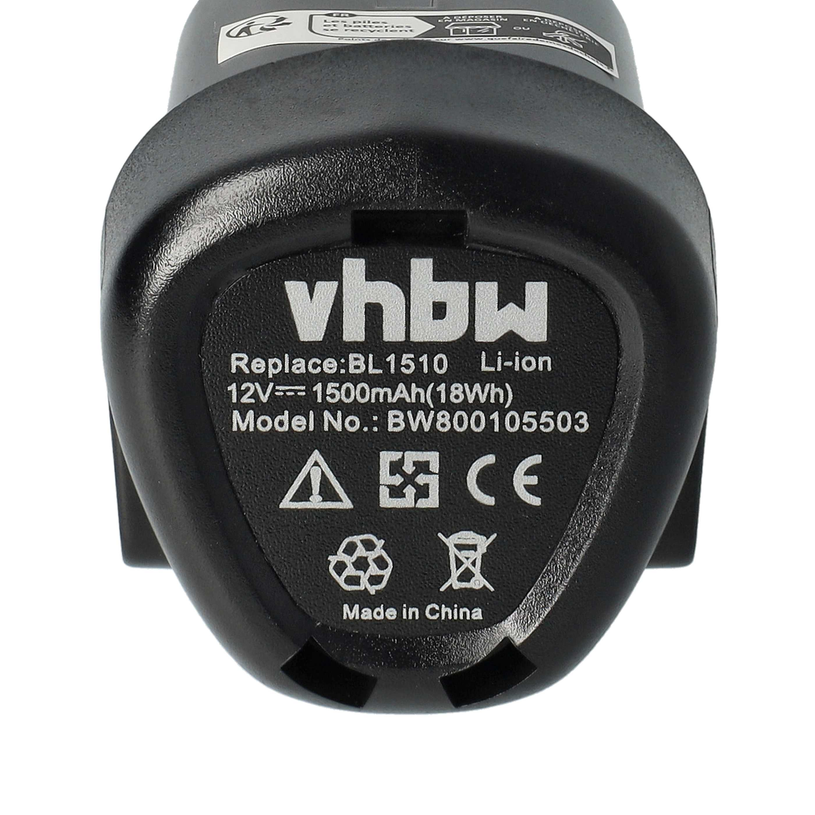 Schwarzer Akku mit weißem Text. Er lautet: vhbw, Replace:BL1510, 12V 1500mAh, Modell-Nr.: BW800105503, Made in China.