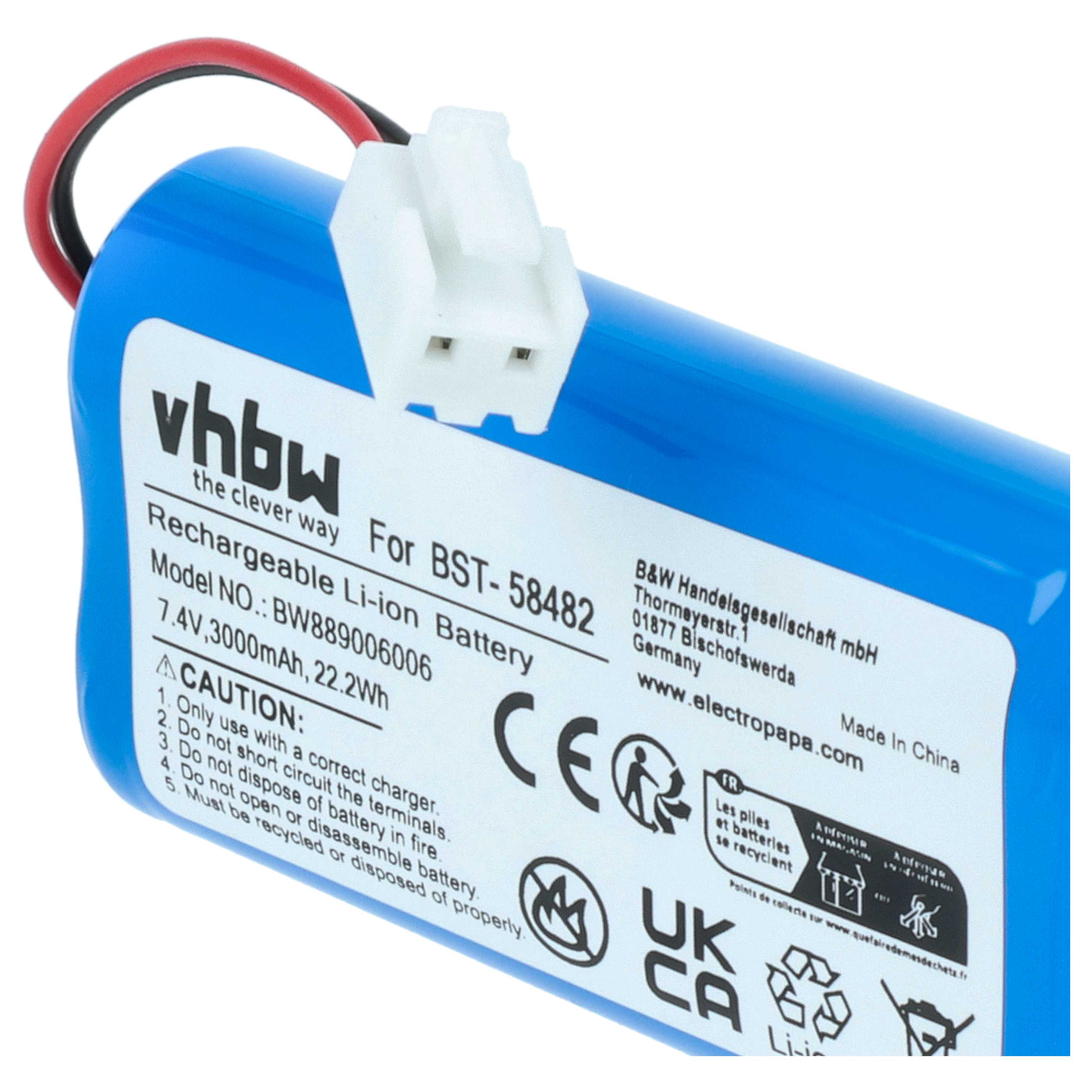 Blauer Akku mit weißem Stecker, schwarzen und roten Drähten. Er hat ein weißes Etikett mit Text und Symbolen.