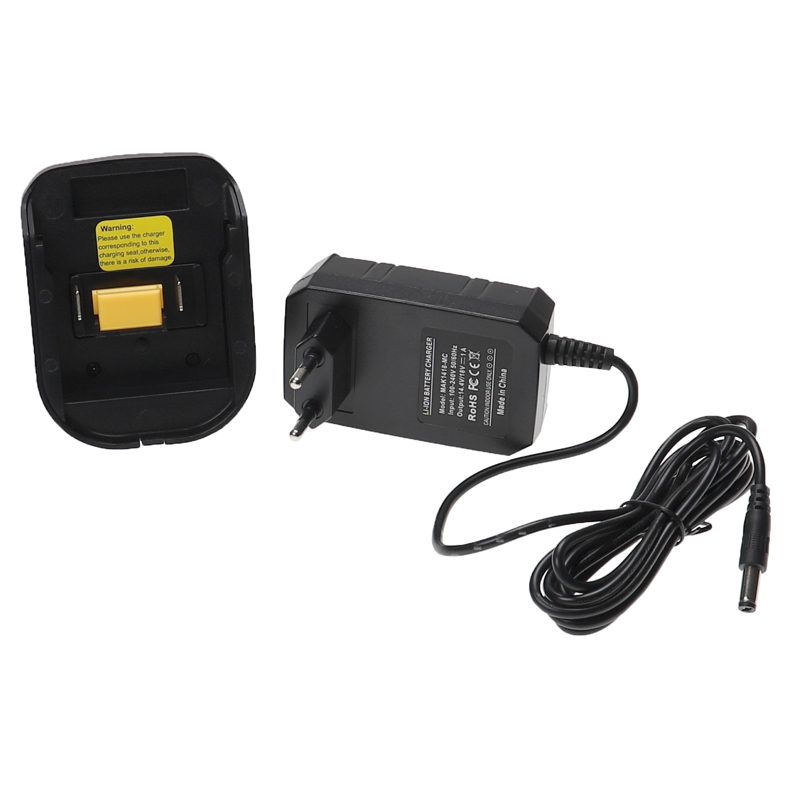 Ein schwarzes Batterieladegerät und eine Ladestation auf weißem Grund. Ein gelber Warnaufkleber ist auf der Basis.