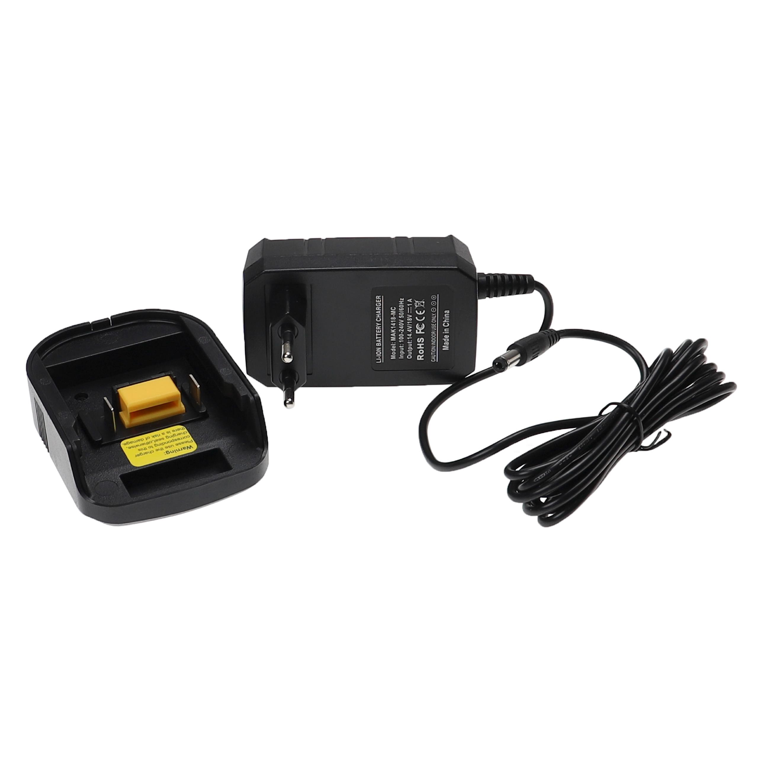 Ein schwarzes Batterieladegerät und eine Batteriebasis liegen auf weißem Untergrund. Ein Netzkabel ist angeschlossen.