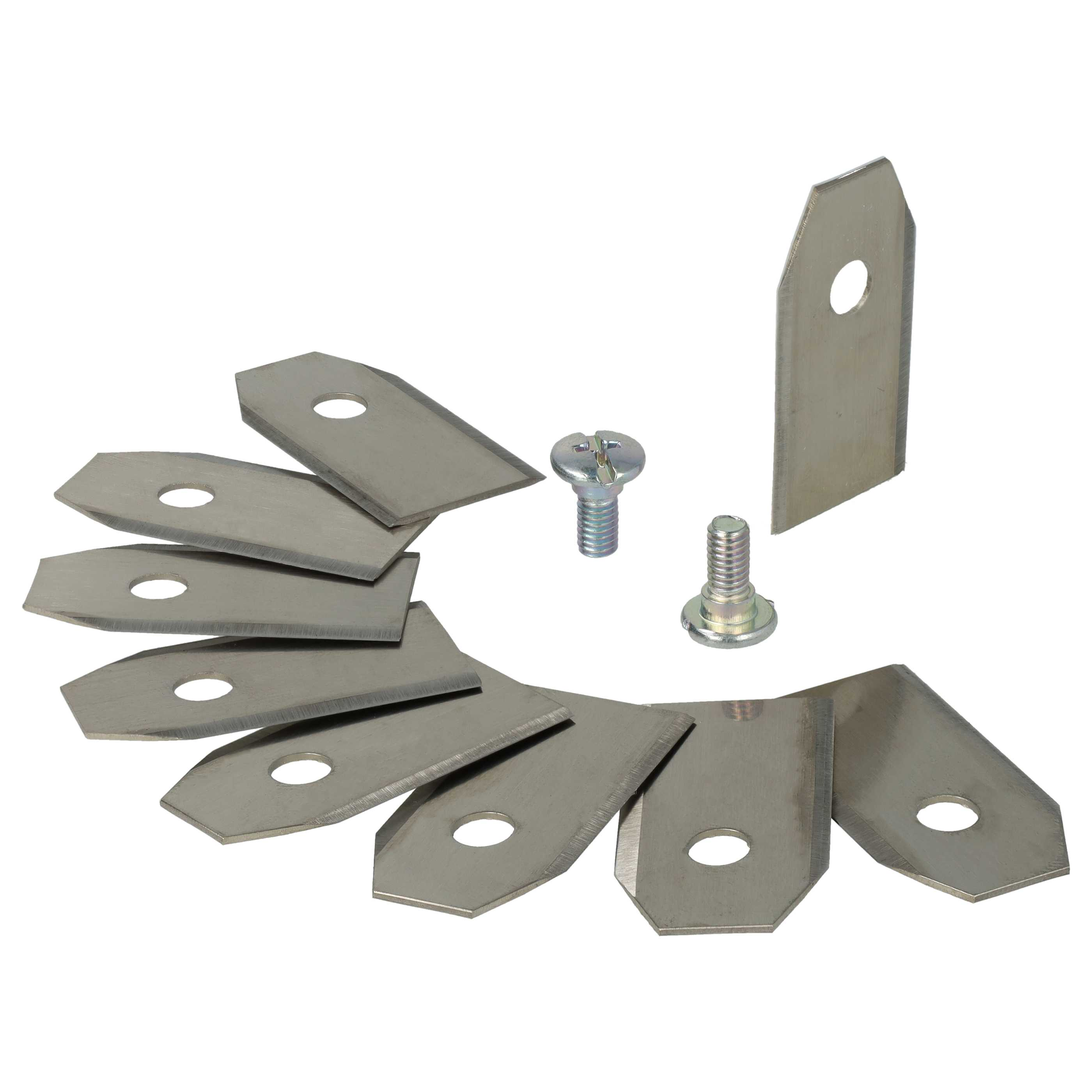 Metallklingen und Schrauben auf weißem Hintergrund. Klingen haben Löcher und abgewinkelte Kanten. Schrauben sind silber.