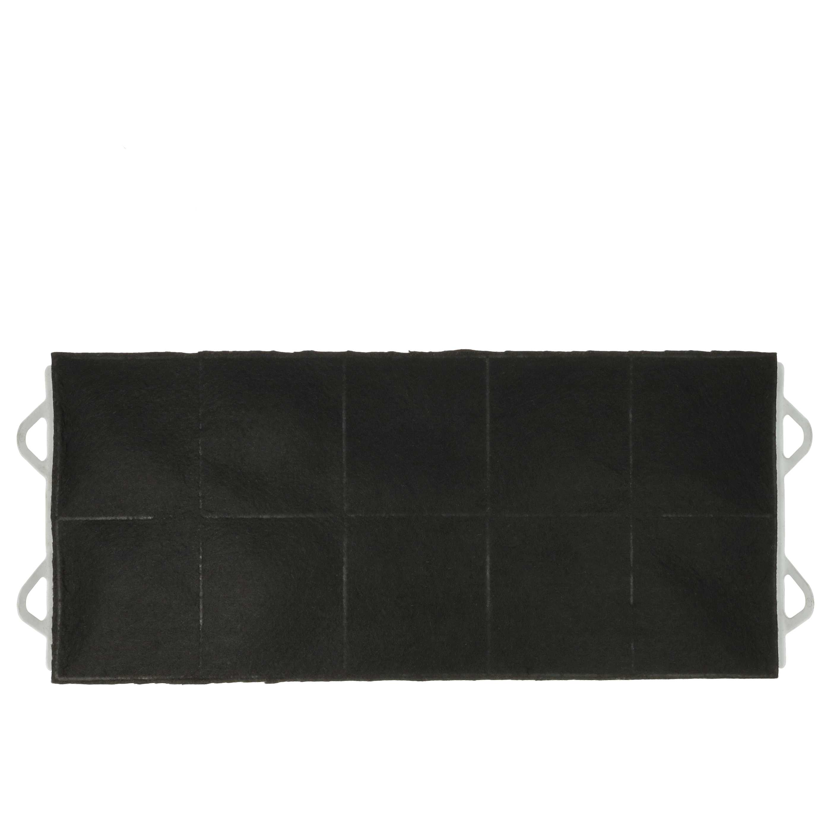 Ein schwarzer Filter mit weißen Kunststoffkanten vor weißem Hintergrund. Der Filter ist rechteckig mit Rastermarkierungen.
