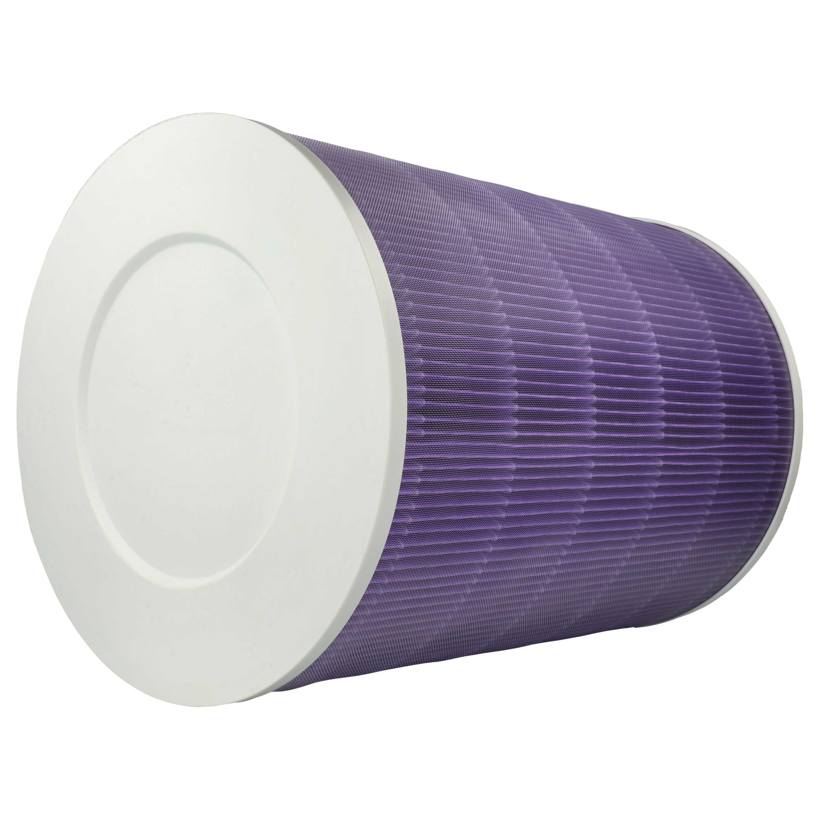 Ein zylindrischer Luftfilter mit weißer Endkappe. Der Filter ist lila und hat ein plissiertes Design, isoliert auf weißem Hintergrund.