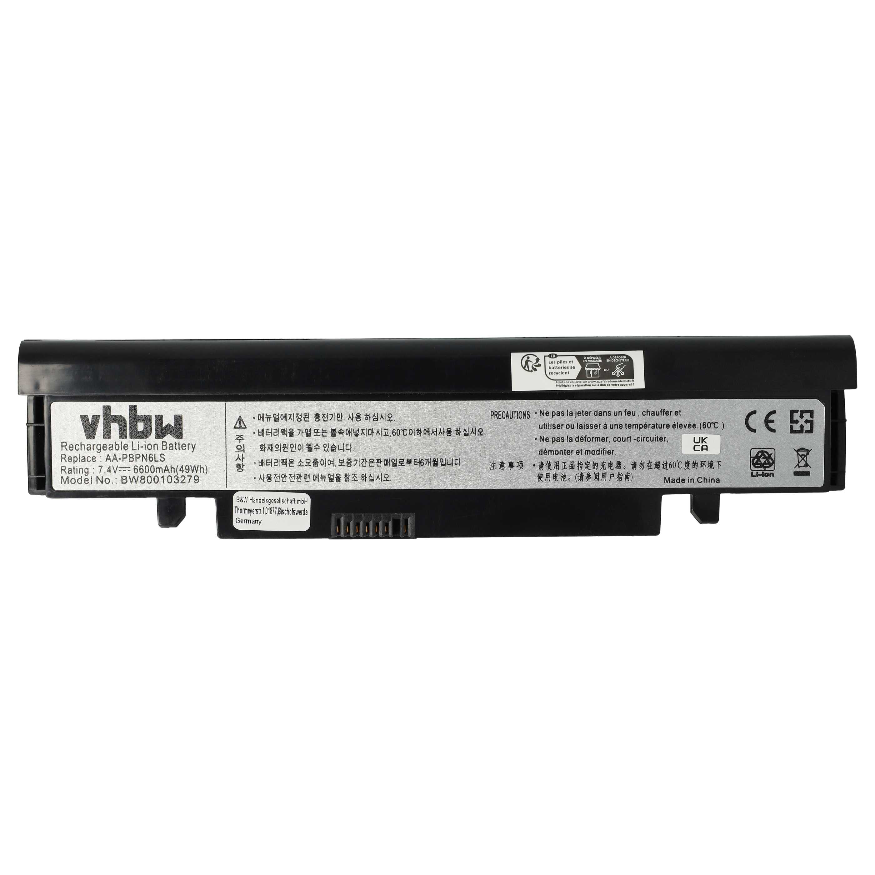 Schwarzer Laptop-Akku mit weißem Text. Text enthält 'vhbw', 'Rechargeable Li-ion Battery' und Warnhinweise.
