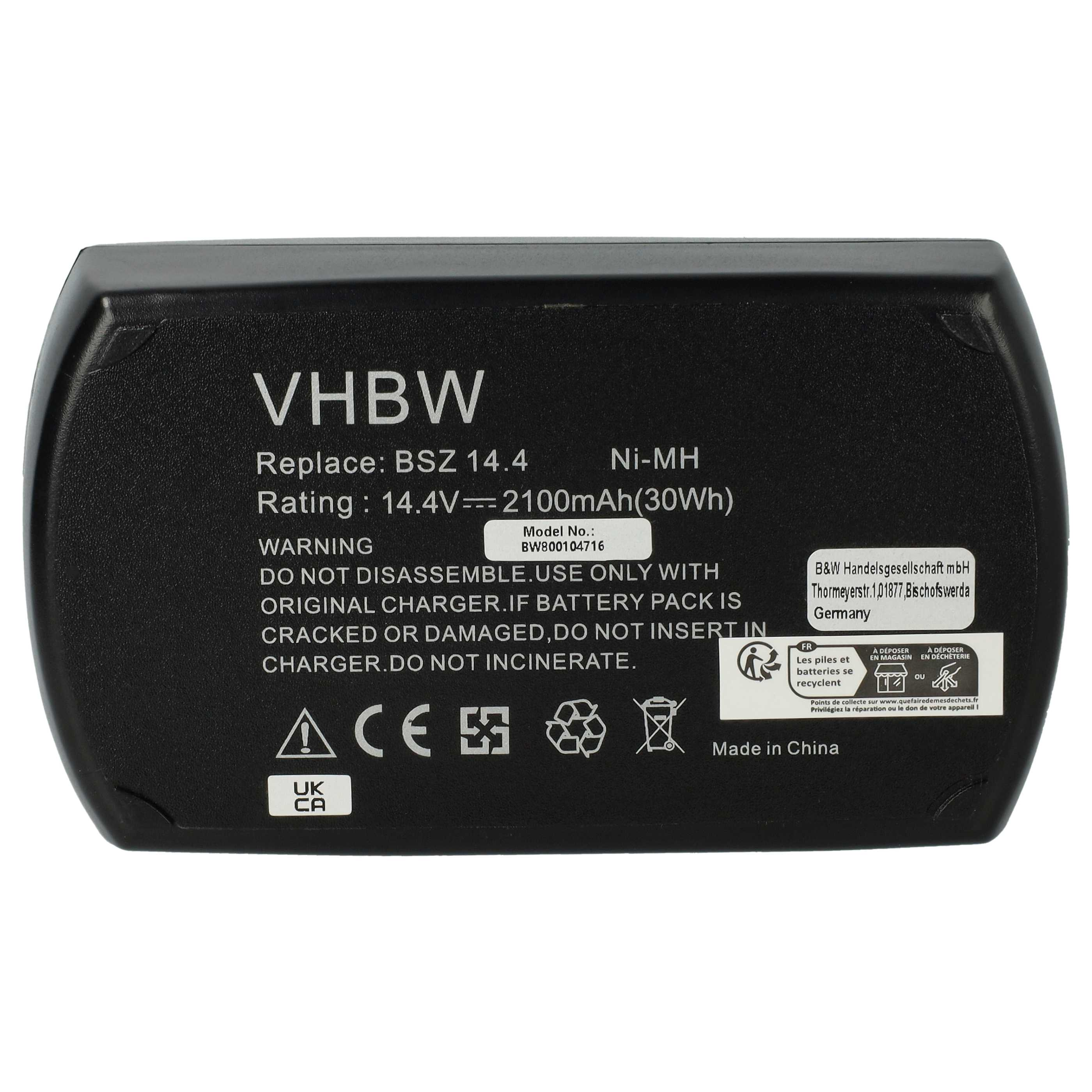 Schwarzer VHBW-Akkupack mit Text, Warnhinweisen und Symbolen. Enthält Spannung, Modell und Recyclinghinweise.