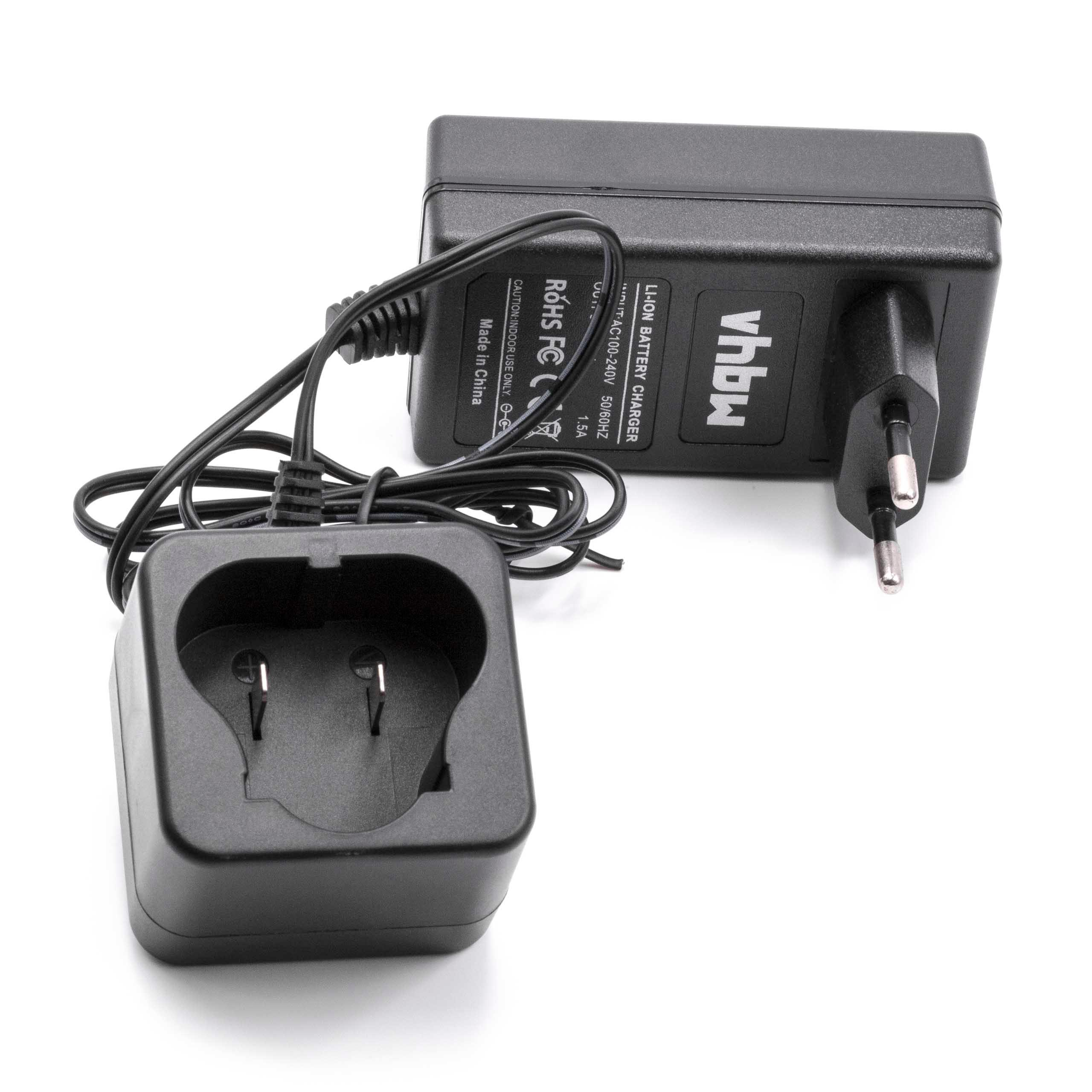 Ein schwarzes Batterieladegerät mit Stecker und Ladestation. Das Ladegerät hat Text: vhbw, LI-ION BATTERY CHARGER, Made in China.