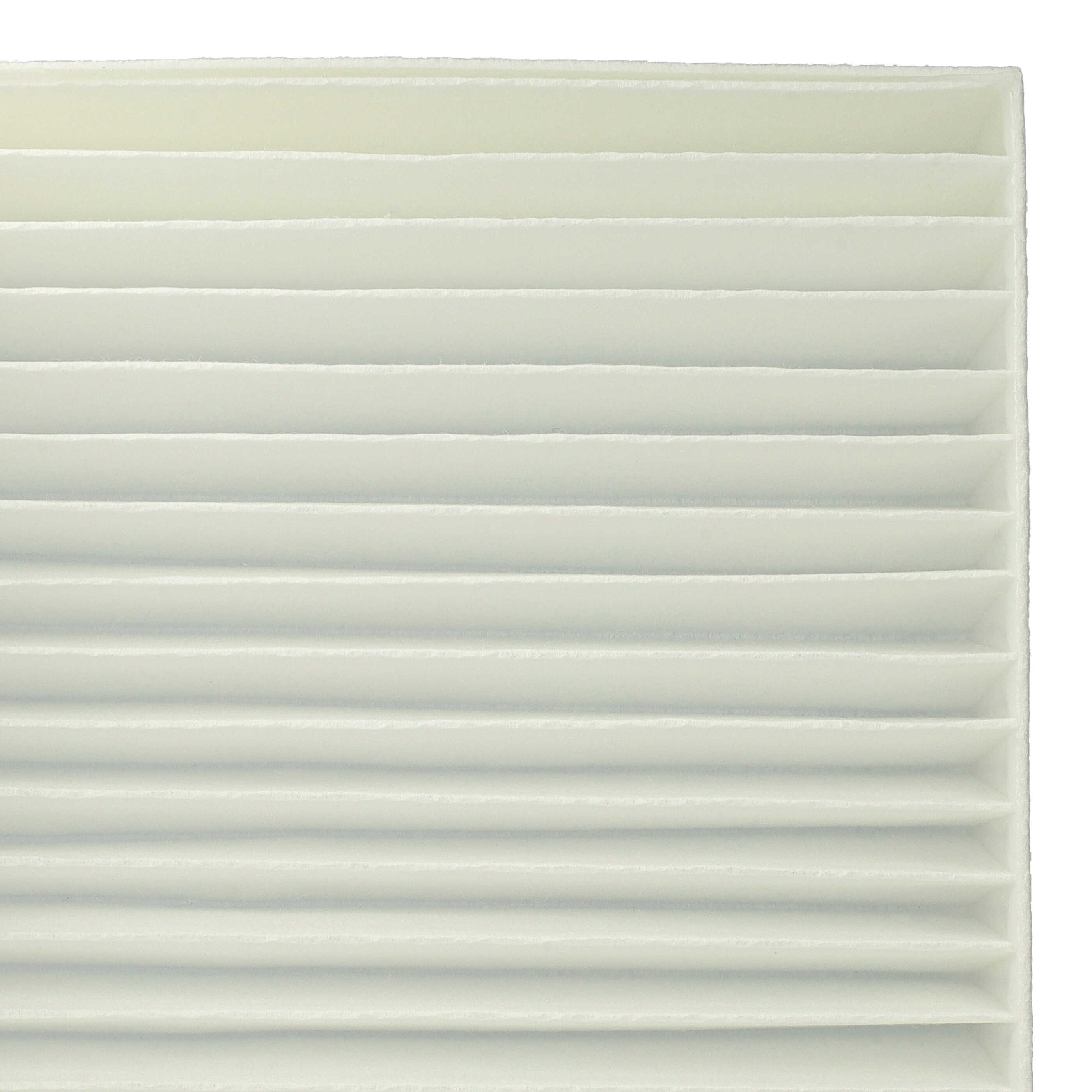 Nahaufnahme eines weißen Luftfilters mit mehreren horizontalen Schichten. Der Filter ist vor weißem Hintergrund.