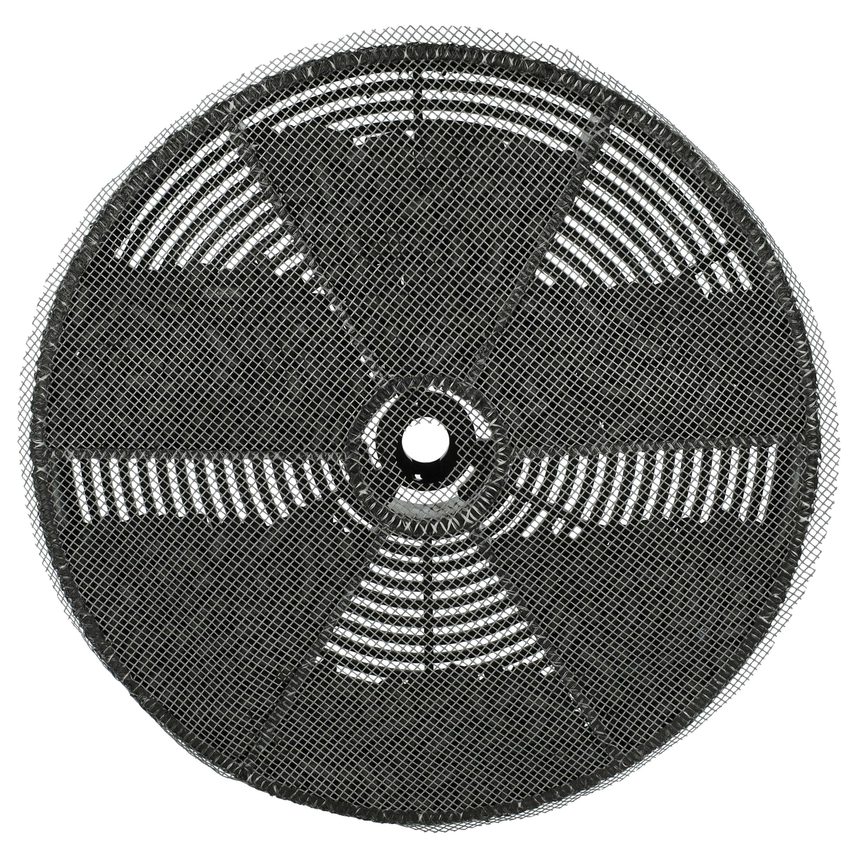 Ein kreisförmiges, dunkelgraues Metallgitter mit feinem Maschenwerk und radialen Schlitzöffnungen, vor weißem Hintergrund.
