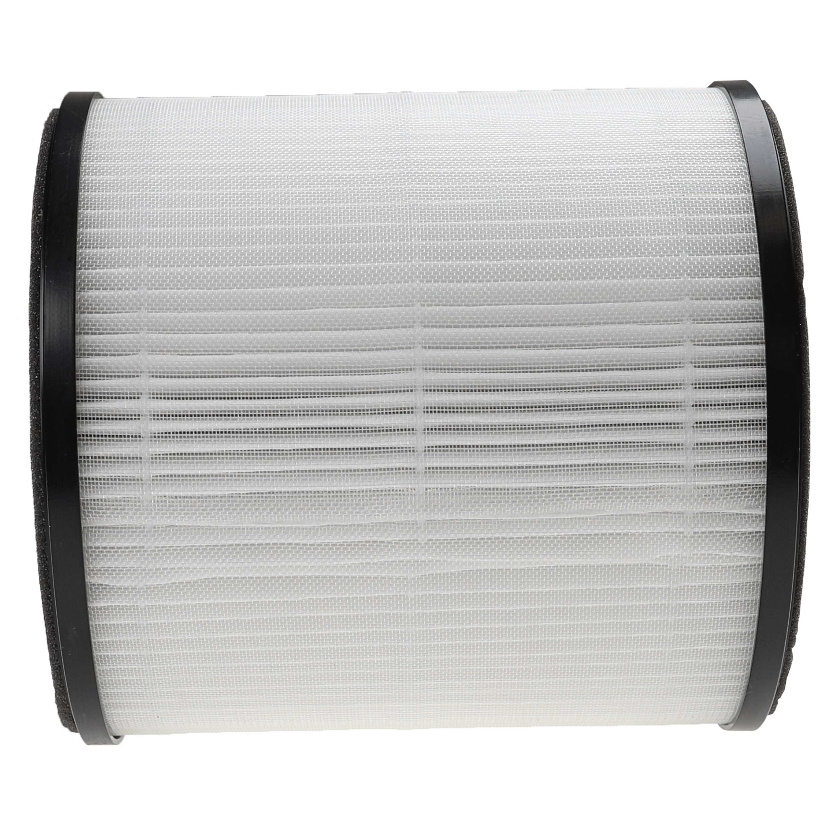Weißer zylindrischer Luftfilter mit schwarzer Umrandung. Der Filter hat eine netzartige Textur.