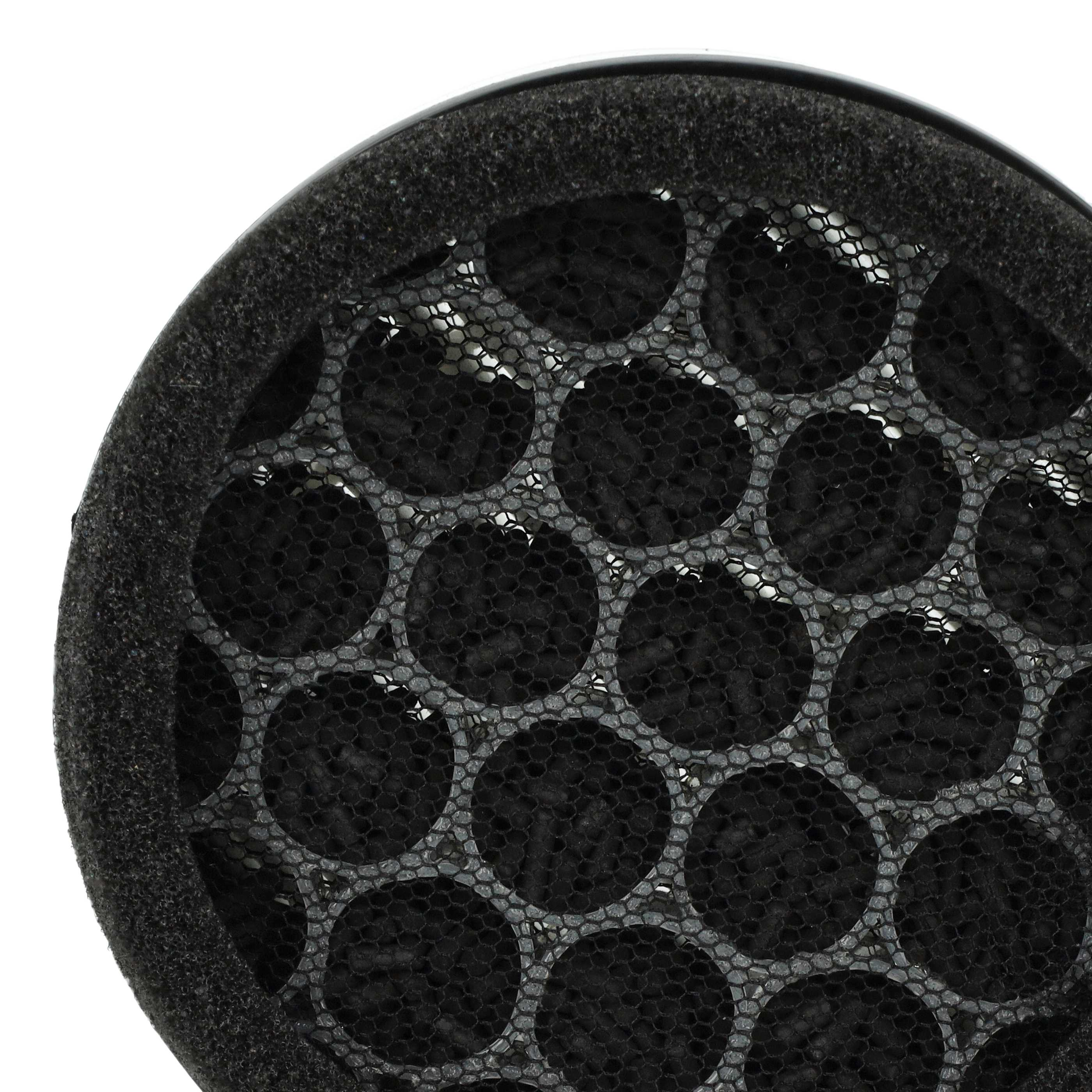 Nahaufnahme eines runden Luftfilters. Es hat ein schwarzes Wabennetz über einem schwarzen Filter mit strukturiertem Rand.