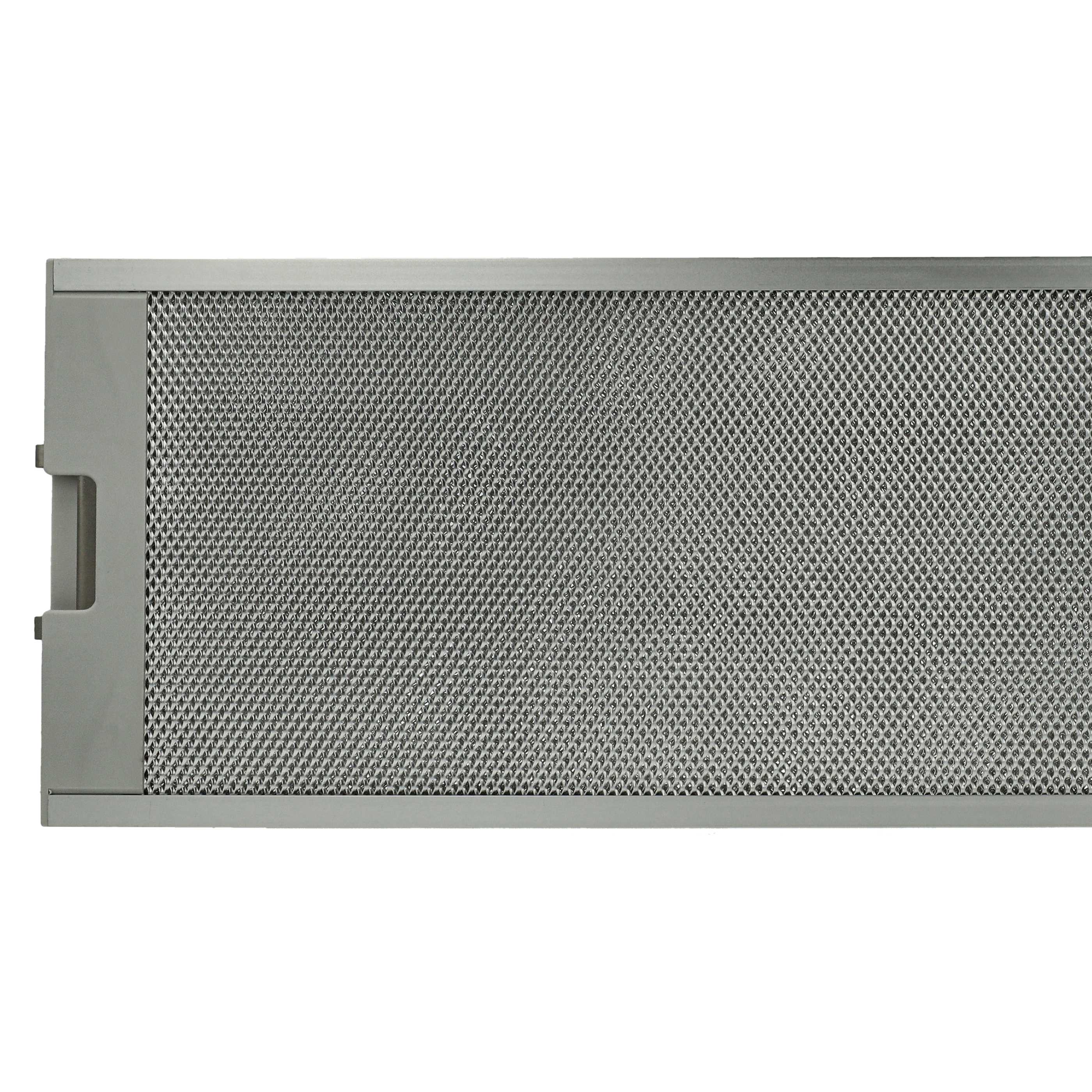 Nahaufnahme eines rechteckigen Metallgitterfilters, mit grauem Rahmen und kleinem Griff auf der linken Seite, auf weißem Hintergrund.