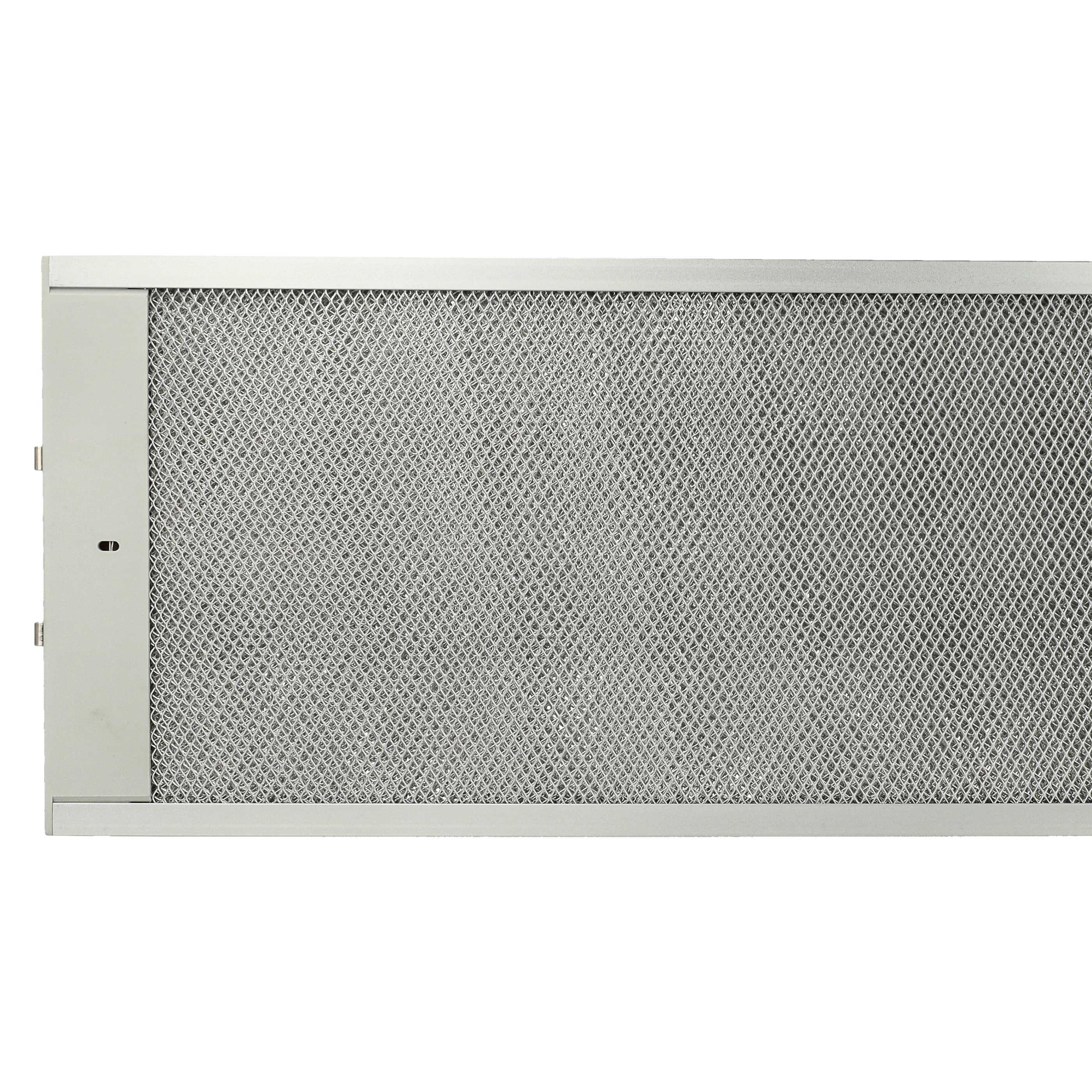 Ein rechteckiger Metallgitterfilter mit silbernem Rahmen vor weißem Hintergrund. Das Netz ist dicht gemustert.