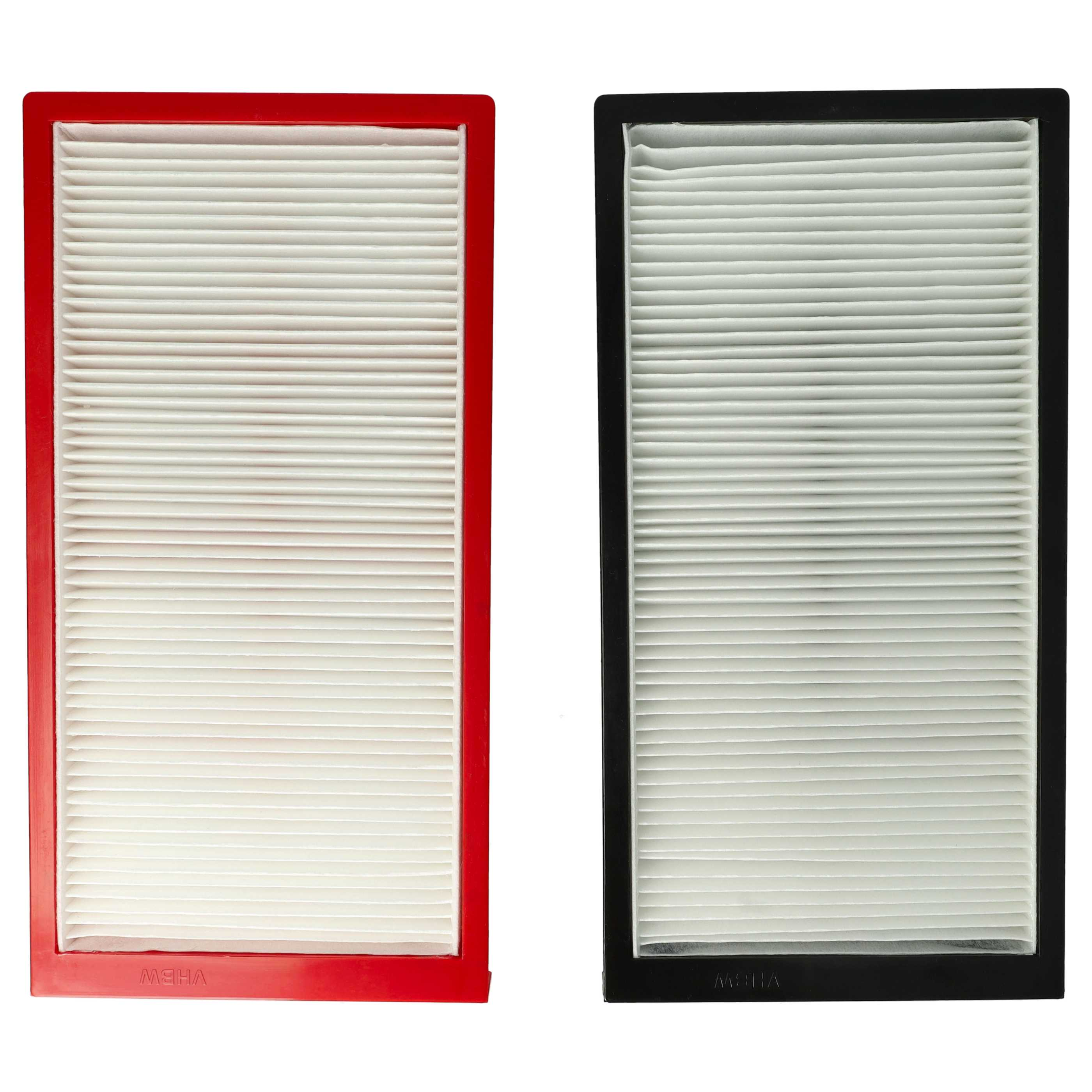 Zwei Luftfilter. Einer hat einen roten Rahmen, der andere einen schwarzen. Beide haben weißes, plissiertes Filtermaterial.