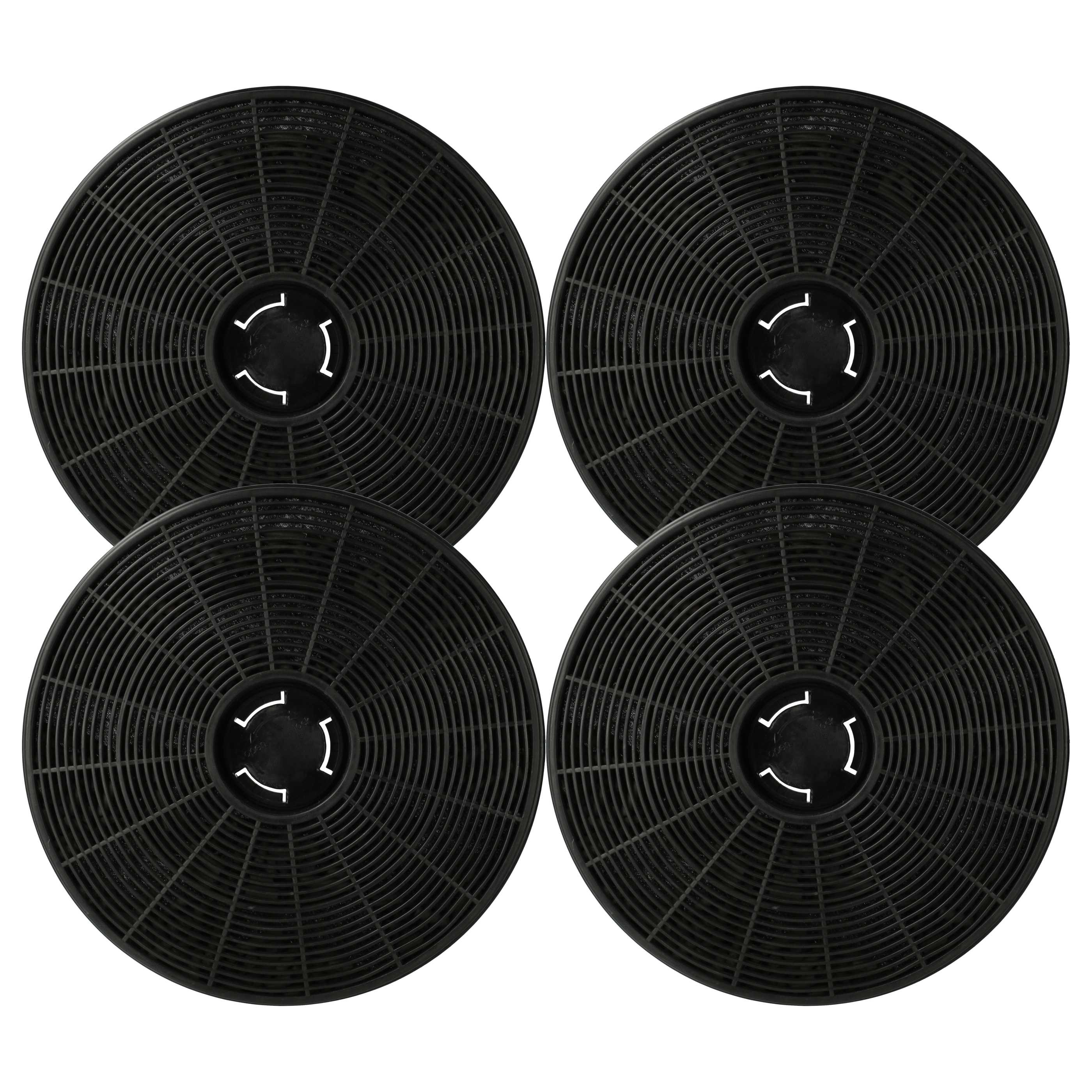Vier kreisförmige schwarze Aktivkohlefilter. Jedes hat ein Rastermuster und ein zentrales Design mit weißen Pfeilen.