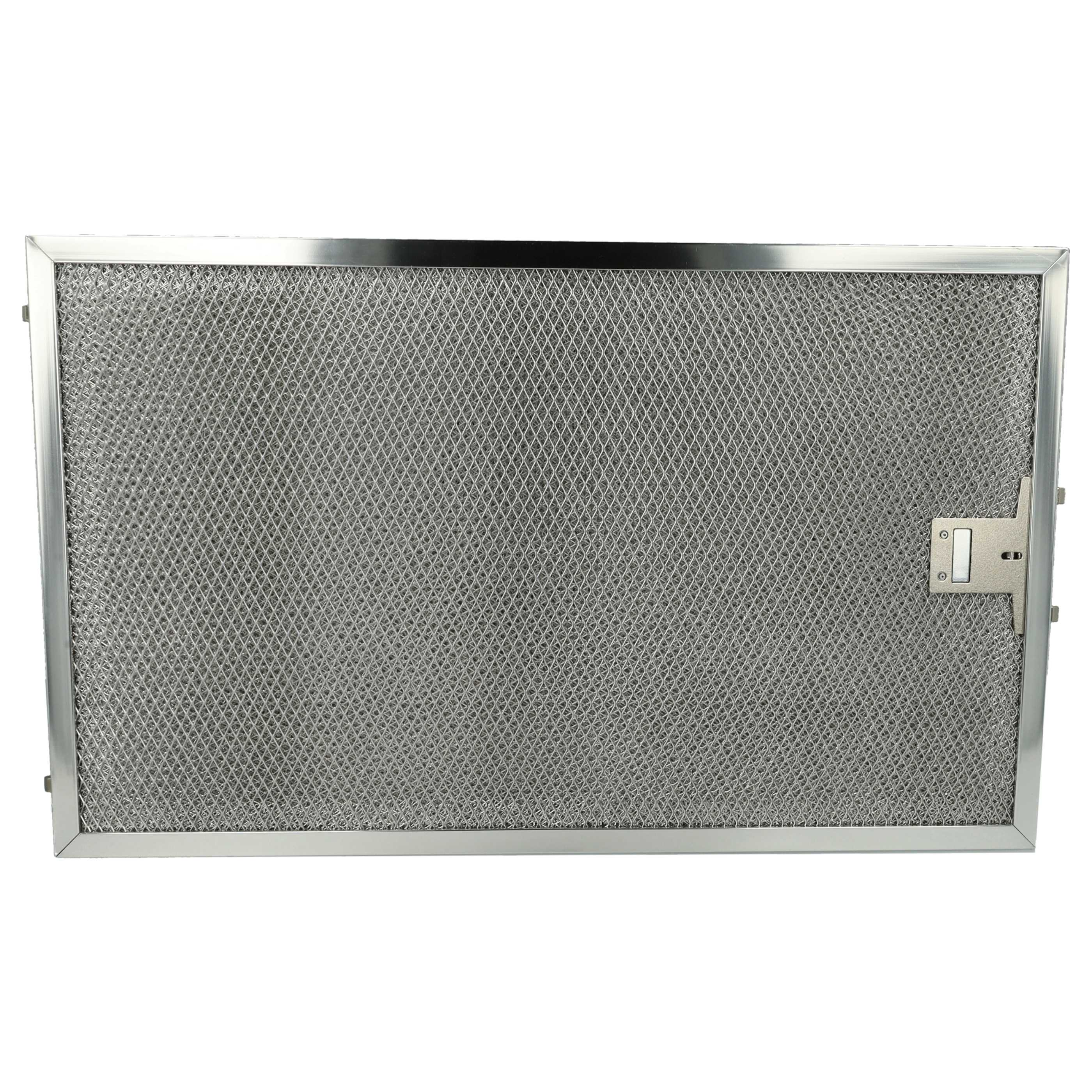 Ein rechteckiger Metallgitterfilter. Es hat einen silbernen Rahmen und einen Griff auf der rechten Seite, wahrscheinlich für eine Dunstabzugshaube.