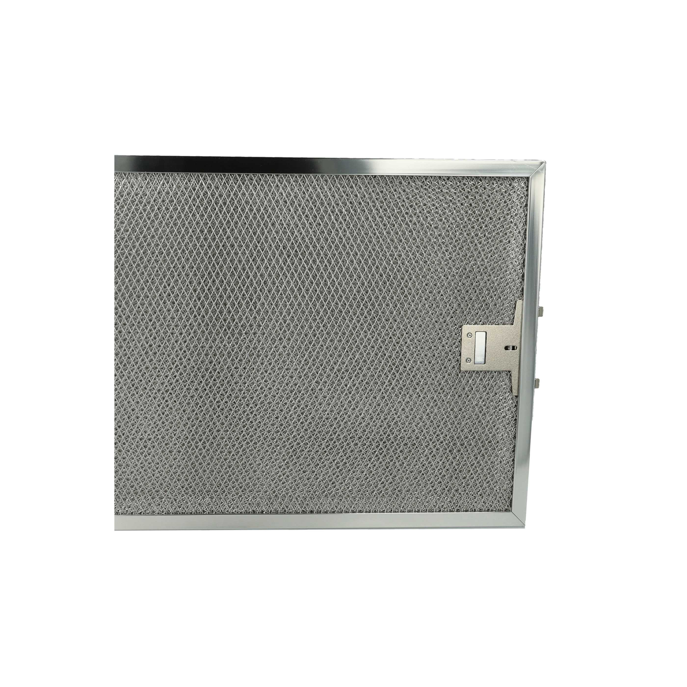 Ein rechteckiger Metallgitterfilter mit silbernem Rahmen und Riegel rechts, isoliert auf weißem Hintergrund.
