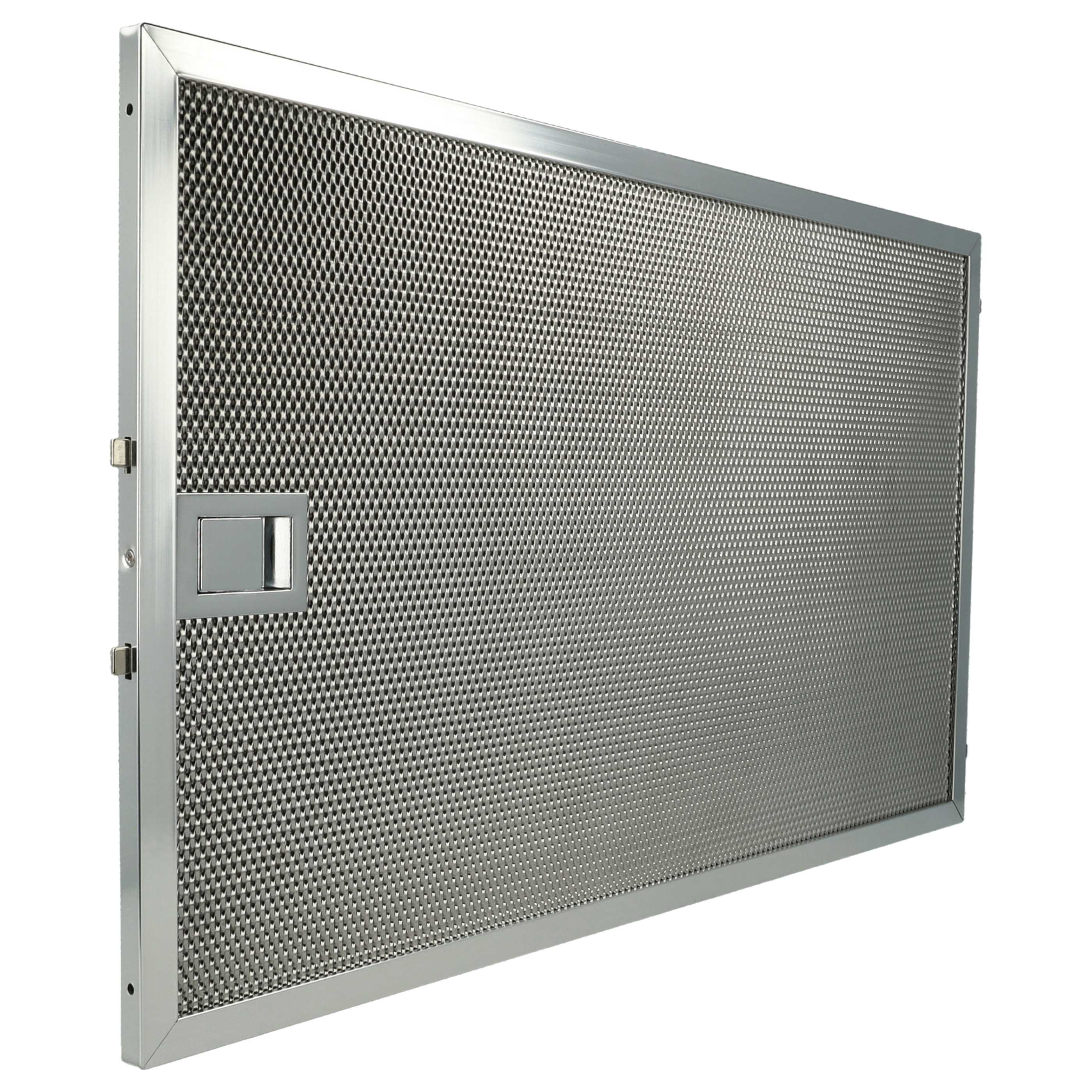 Ein rechteckiger Metallgitterfilter mit silbernem Rahmen und kleinem Griff. Der Hintergrund ist weiß.