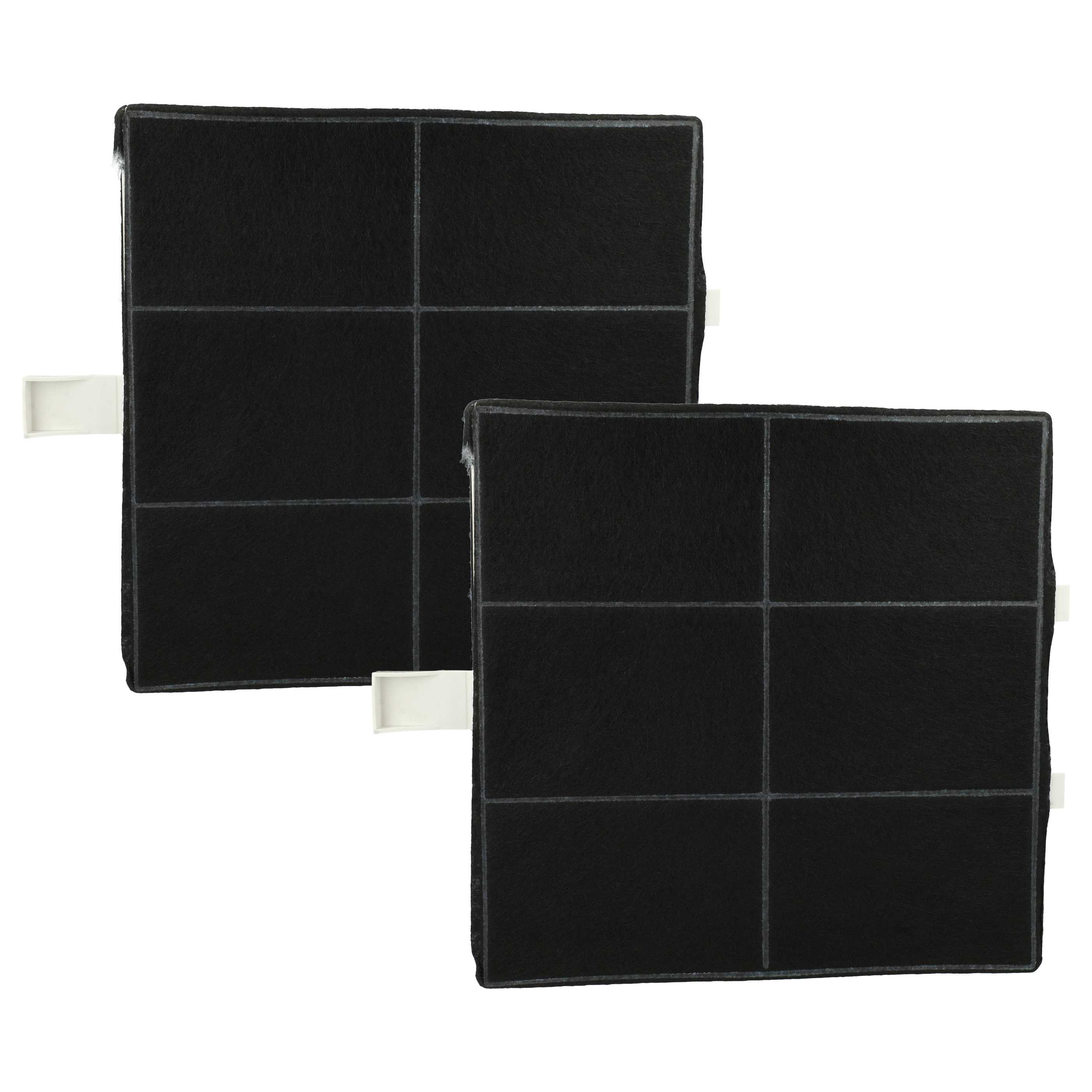 Zwei quadratische, schwarze Luftfilter mit weißen Griffen vor weißem Hintergrund. Jeder Filter hat ein Gittermuster.