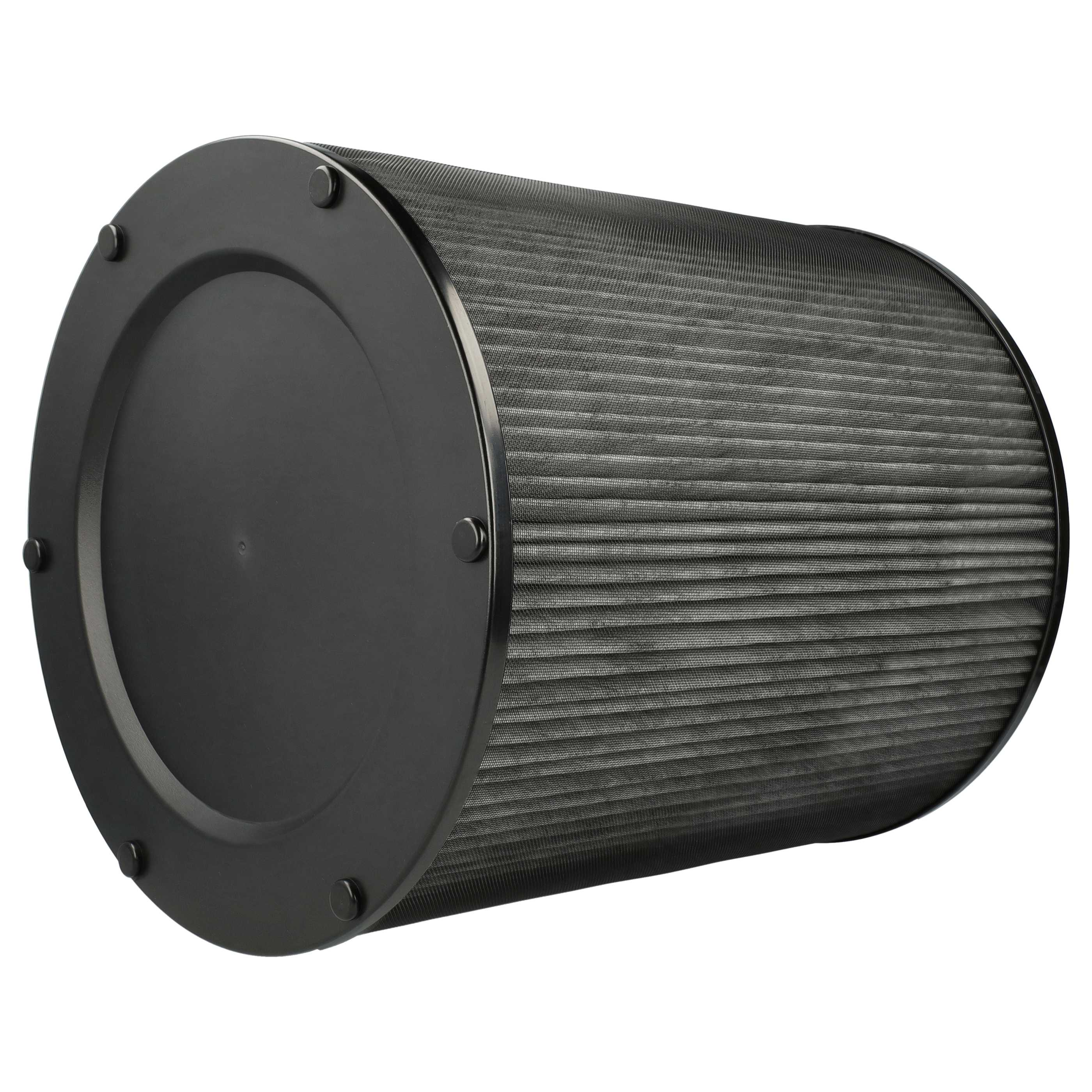 Ein schwarzer zylindrischer Luftfilter mit einer plissierten Mesh-Oberfläche und schwarzen Endkappen, gehalten von Schrauben. Weißer Hintergrund.