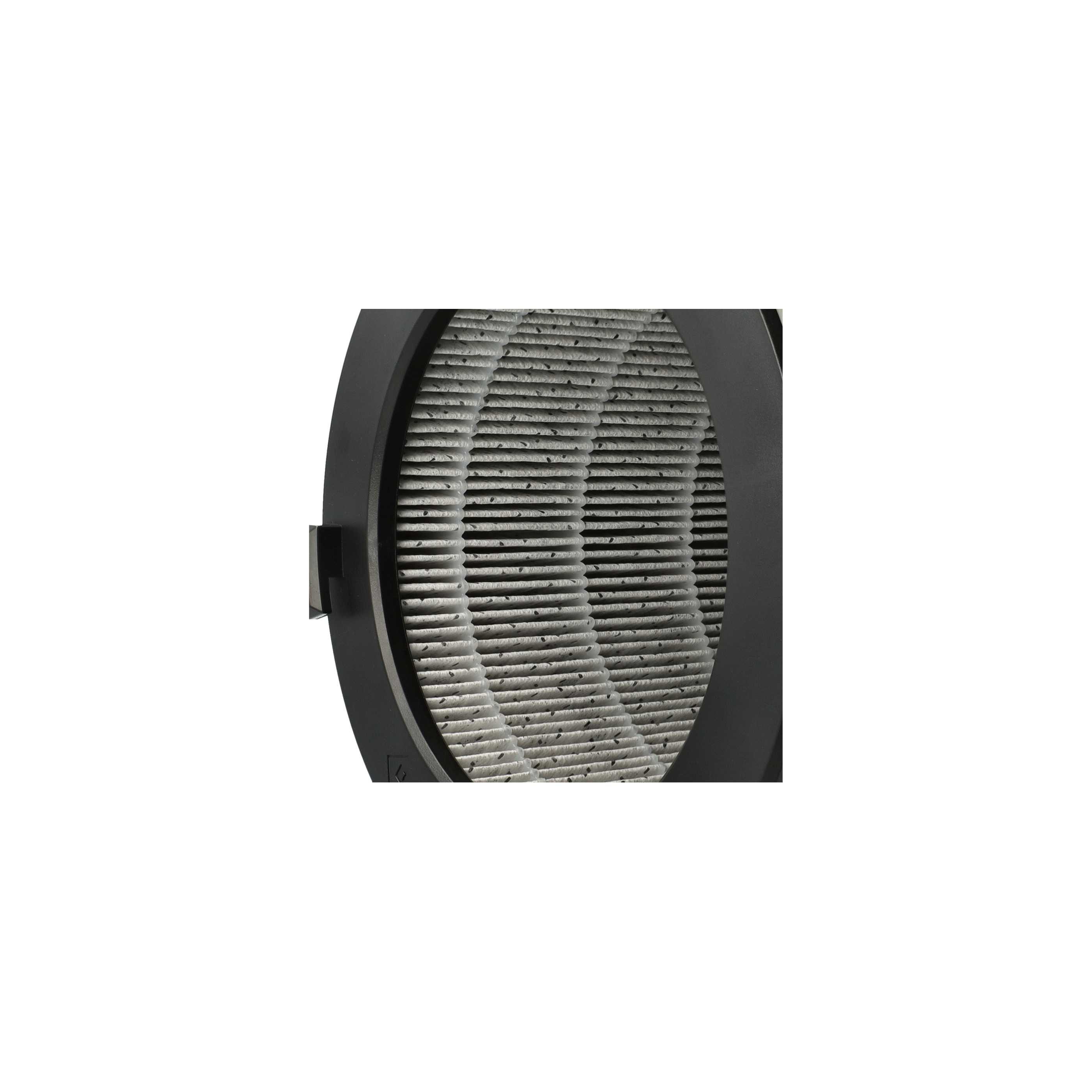 Ein Luftfilter mit einem dunkelgrauen Rahmen. Der Filter selbst ist hellgrau mit horizontalen Rippen.