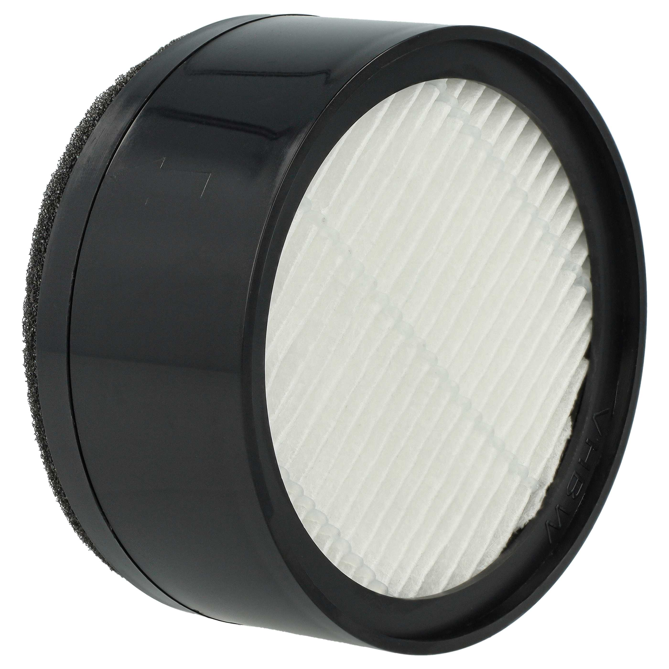 Ein schwarzer zylindrischer Luftfilter mit einem weißen plissierten Filter im Inneren. Ein schwarzer Schaumstoffring umgibt den Filter.