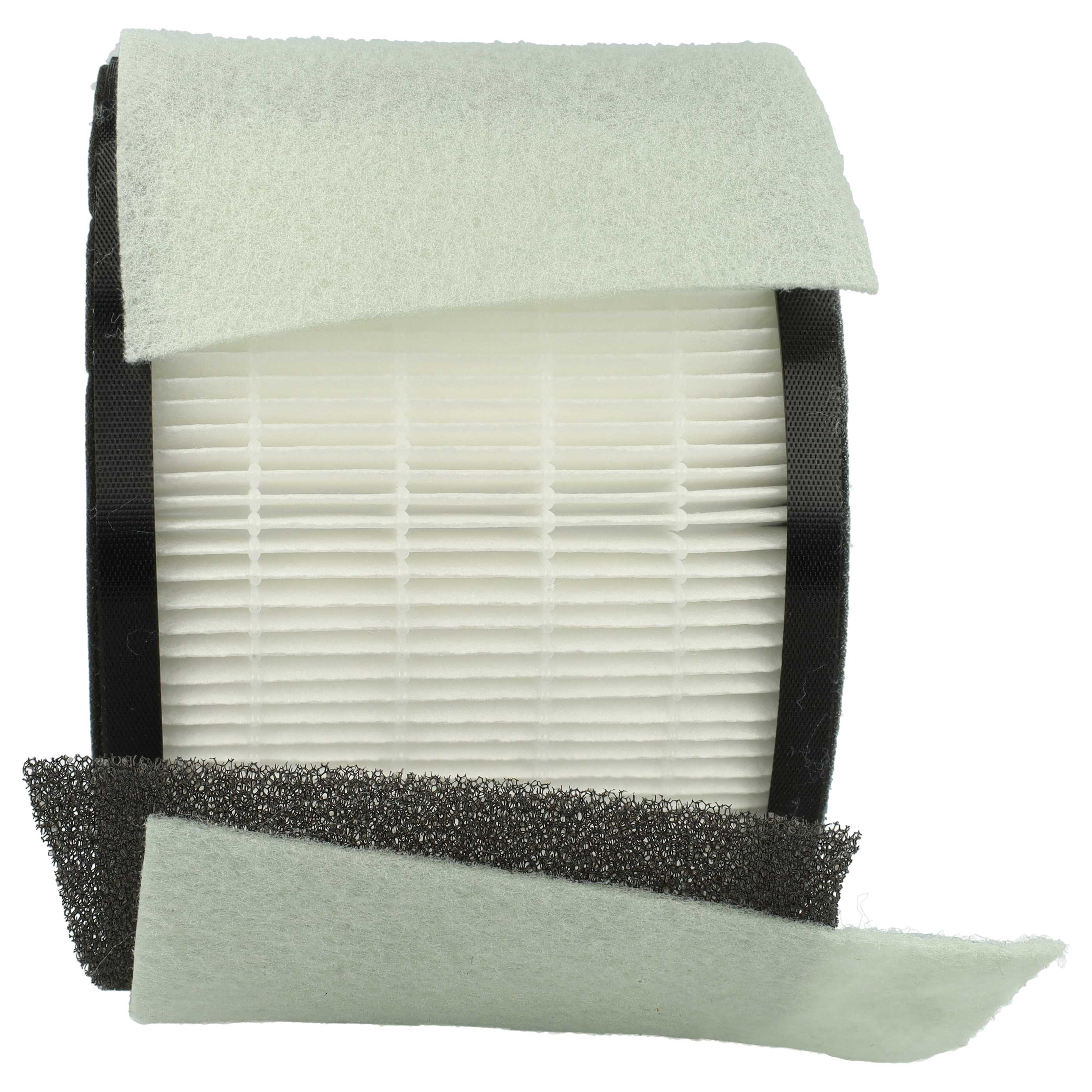 Ein Luftfilter mit weißem, plissiertem Filtermedium, umgeben von schwarzem Stoff und zwei hellgrünen Filtern.