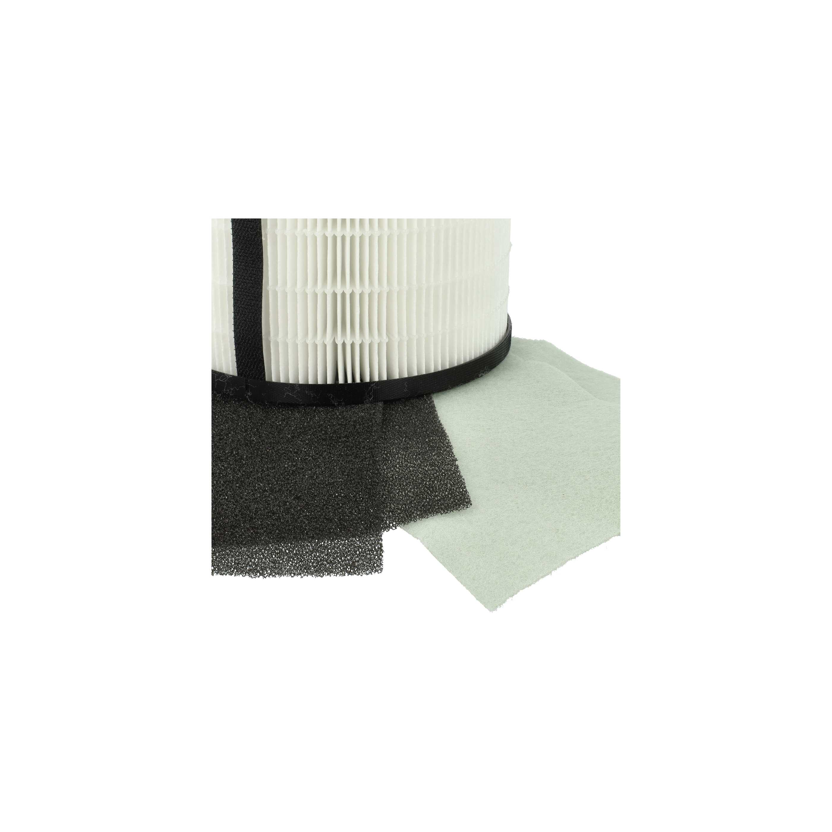 Ein Luftfilter mit weißem, plissiertem Papier, einem schwarzen Schaumstoffteil und einem hellgrünen Filter auf weißem Hintergrund.