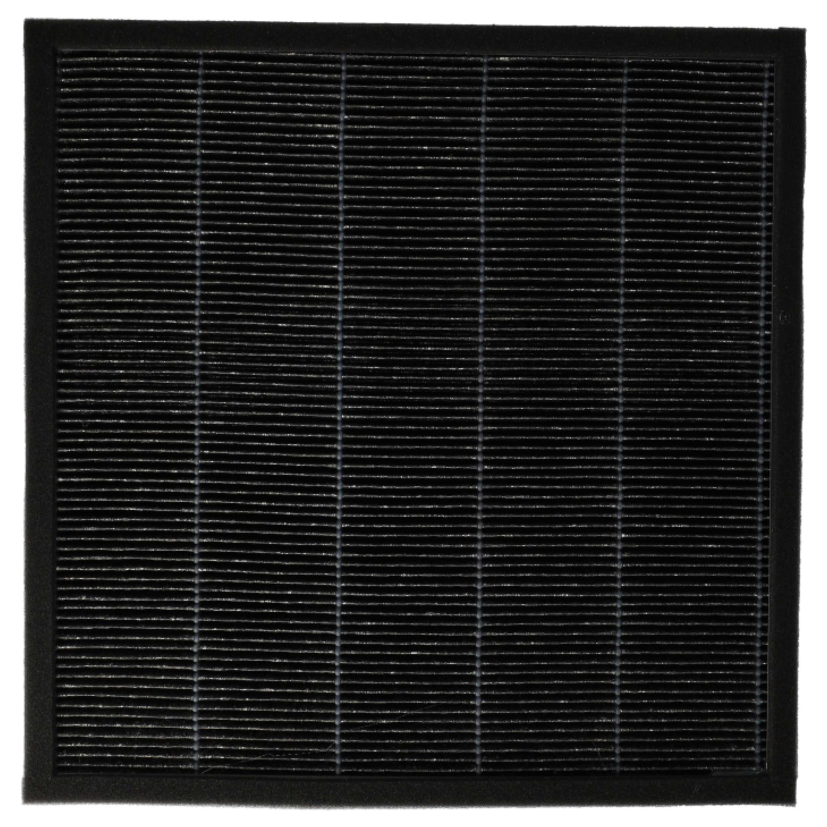 Ein schwarzer Luftfilter mit rechteckigem Rahmen. Es hat viele kleine horizontale Linien und einige vertikale Stützlinien.