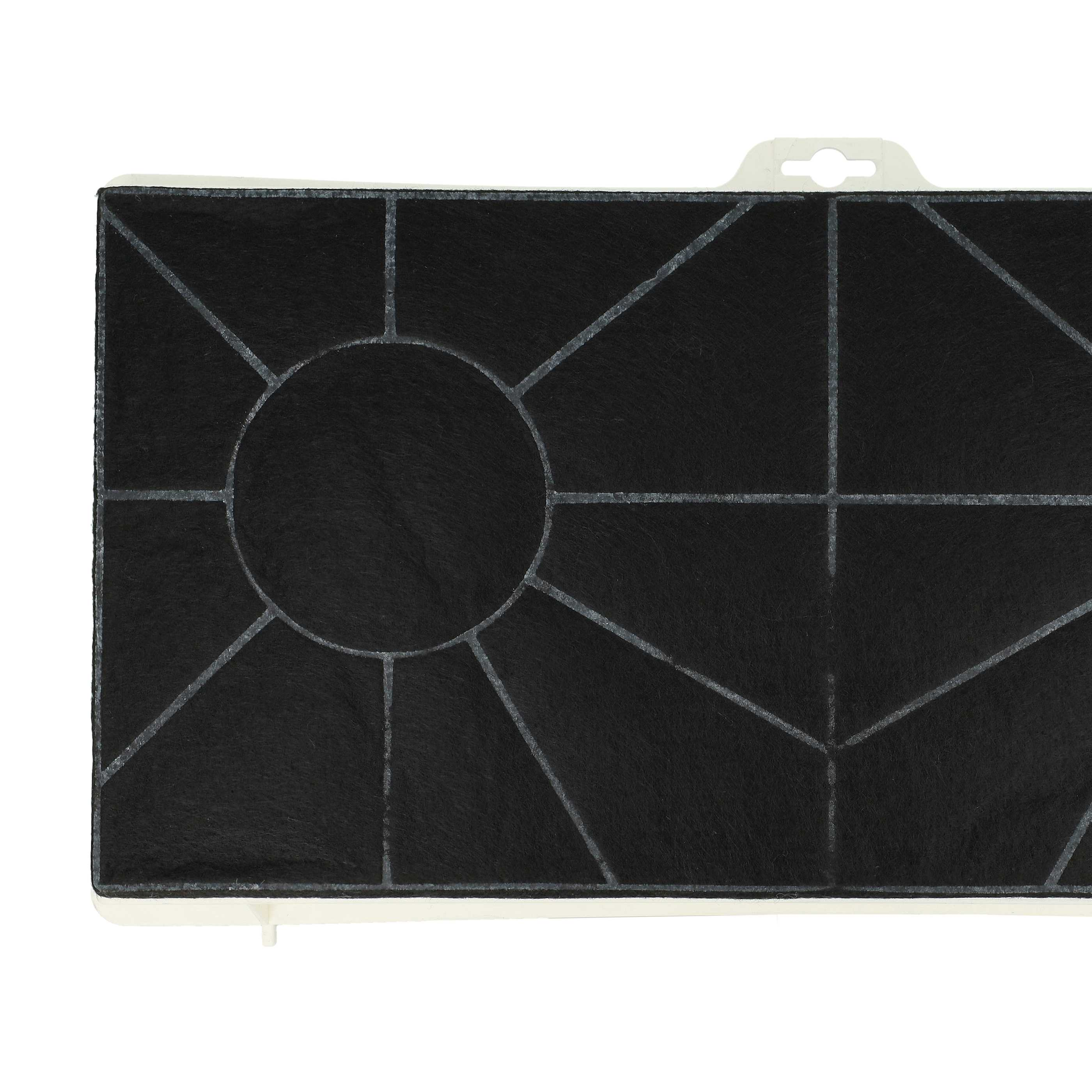 Ein schwarzer Luftfilter mit einem geometrischen Design aus Linien und einem zentralen Kreis auf weißem Hintergrund.