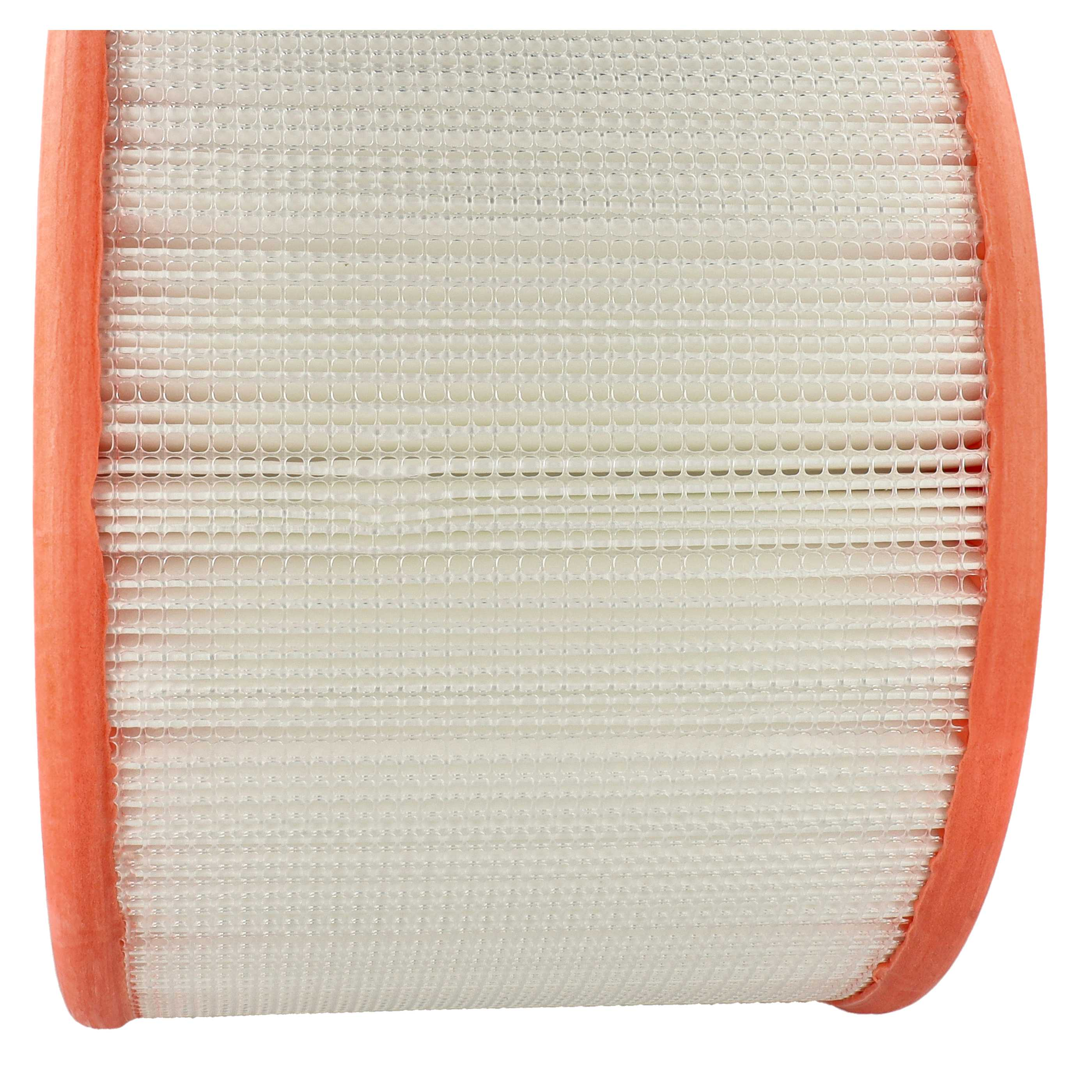 Ein Luftfilter mit weißem Filtermaterial und orangefarbenem Rahmen, die Struktur des Filters ist sichtbar.