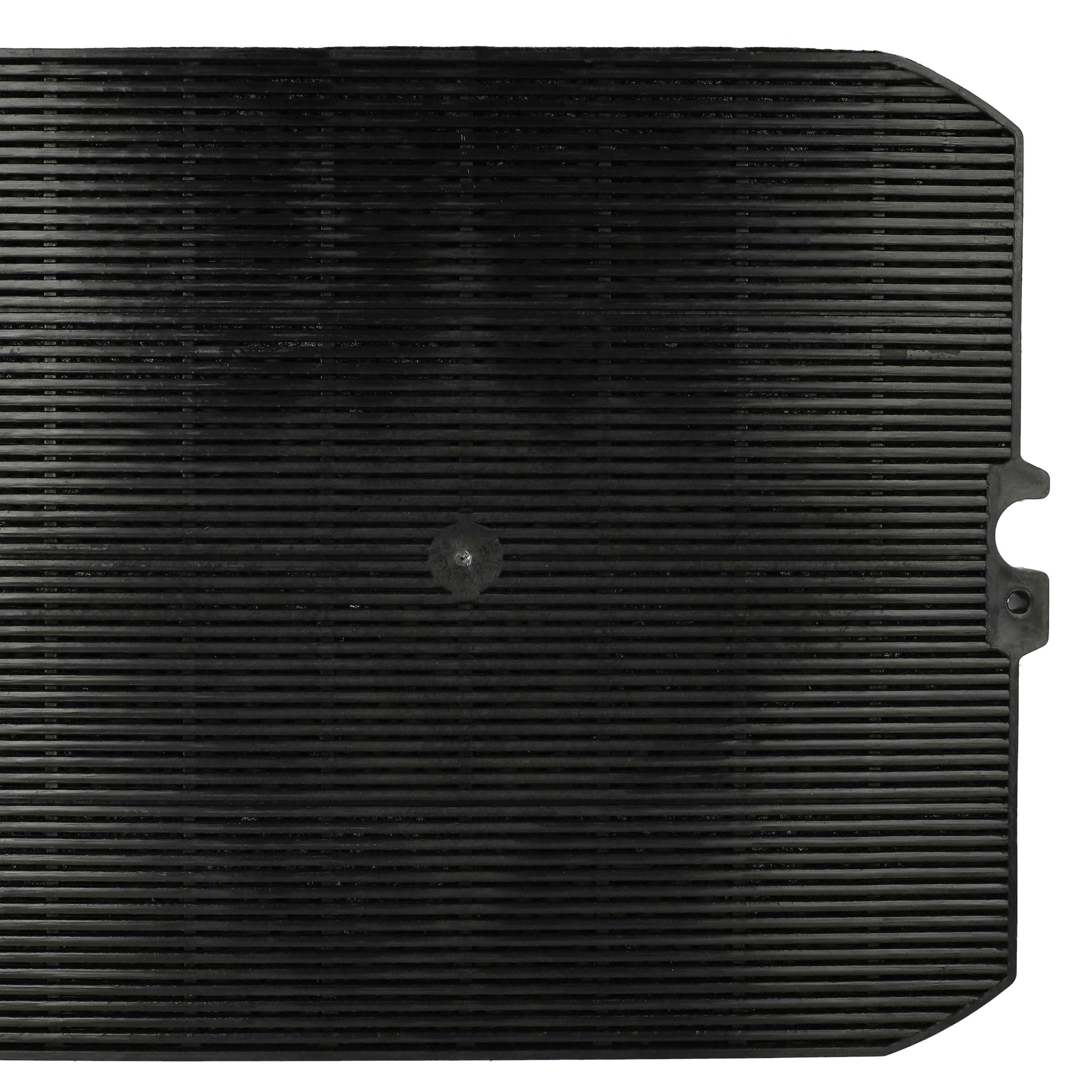 Ein schwarzes, rechteckiges Kunststoffgitter mit horizontalen Rippen. Ein zentraler Knopf und ein Seitenausschnitt sind sichtbar.