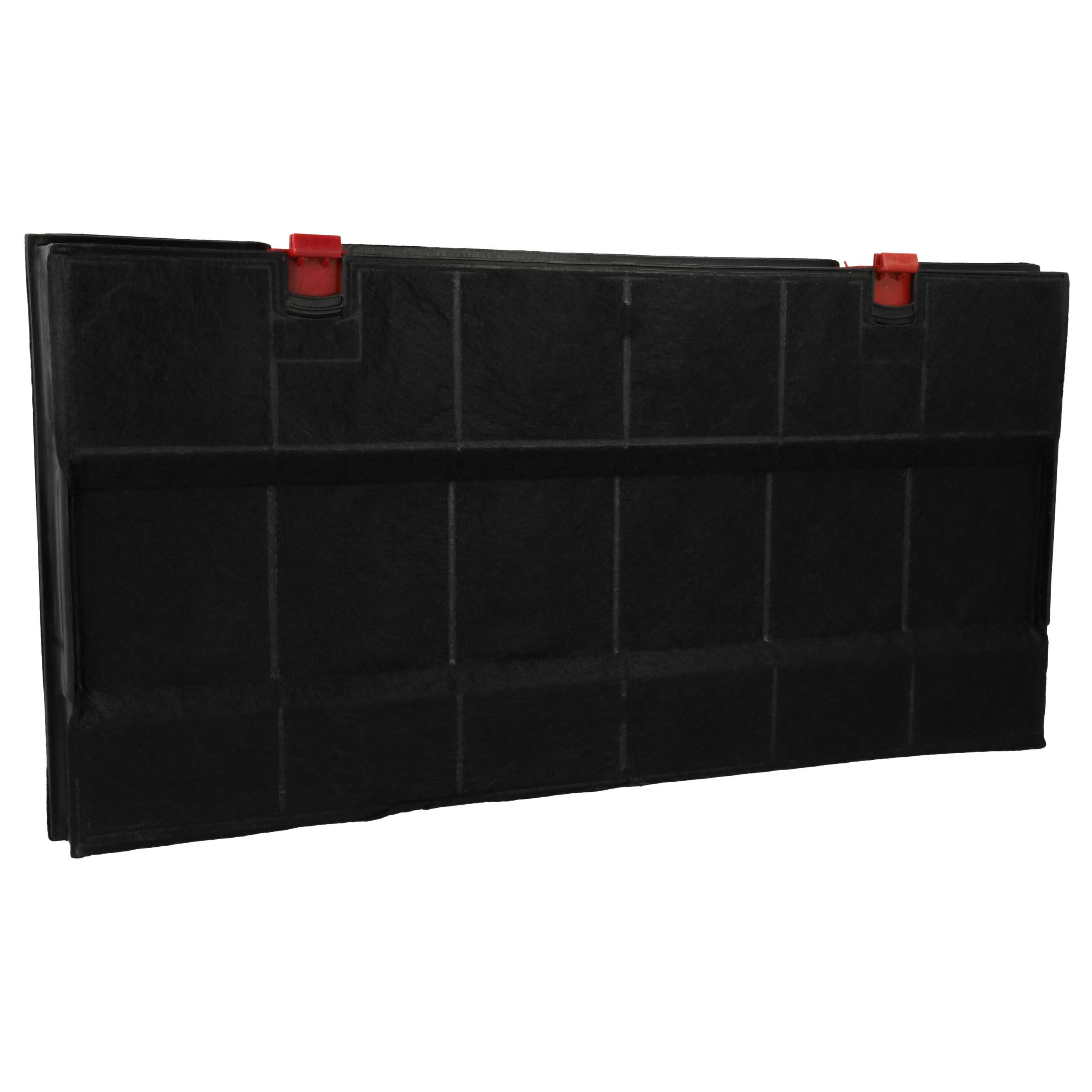 Ein schwarzer rechteckiger Luftfilter mit roten Clips auf weißem Hintergrund. Der Filter hat ein Rastermuster.