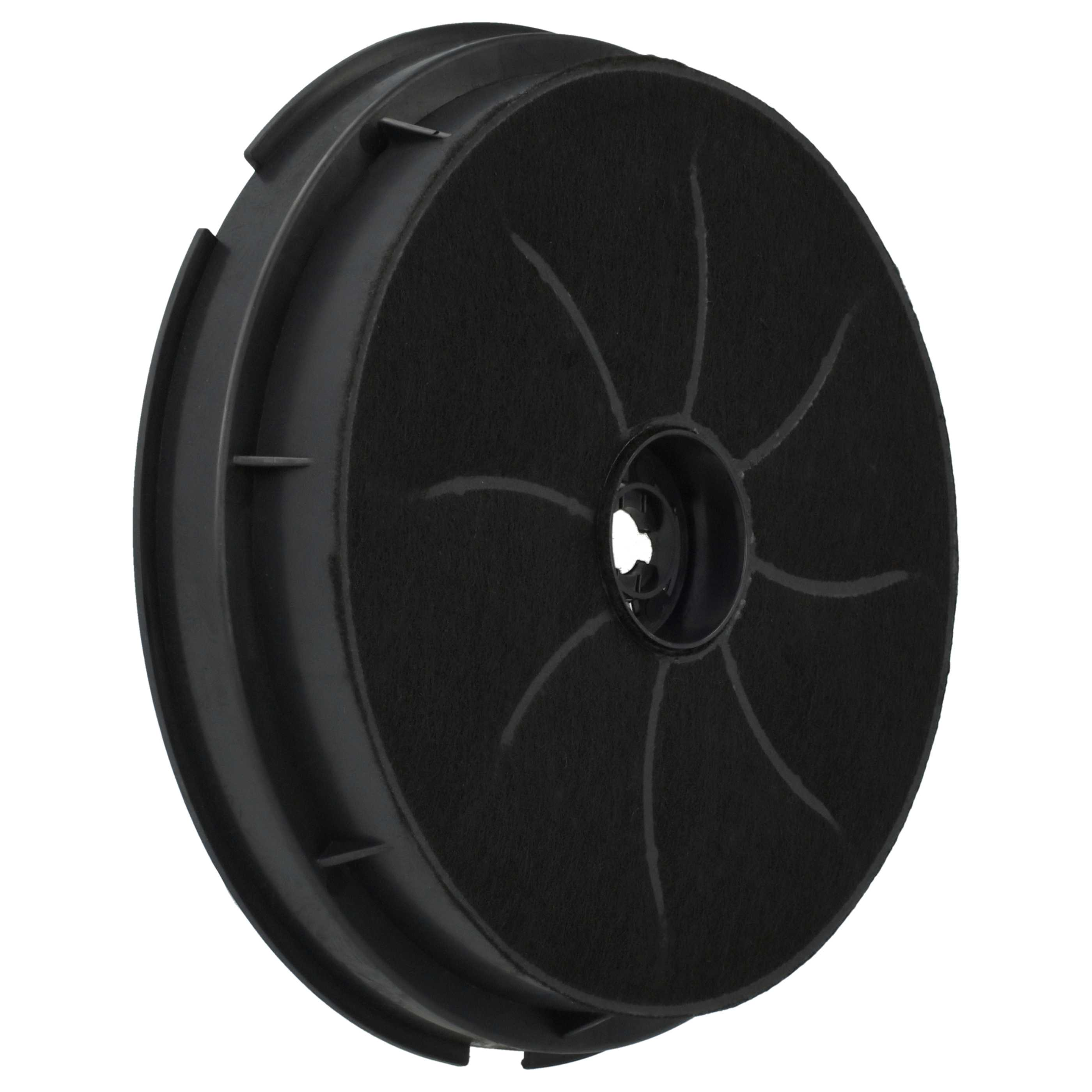 Ein schwarzer zylindrischer Aktivkohlefilter mit zentraler Nabe und radialen Linien auf der Filteroberfläche vor weißem Hintergrund.