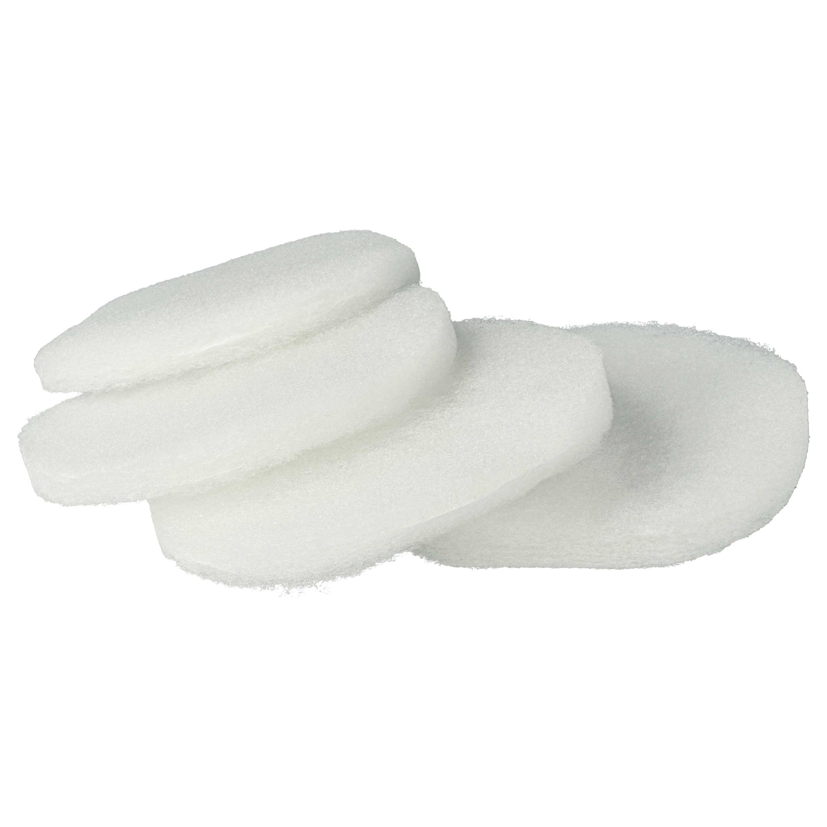 Vier weiße Schaumstoffpads sind gestapelt. Die Pads sind oval und haben eine poröse Textur. Der Hintergrund ist weiß.