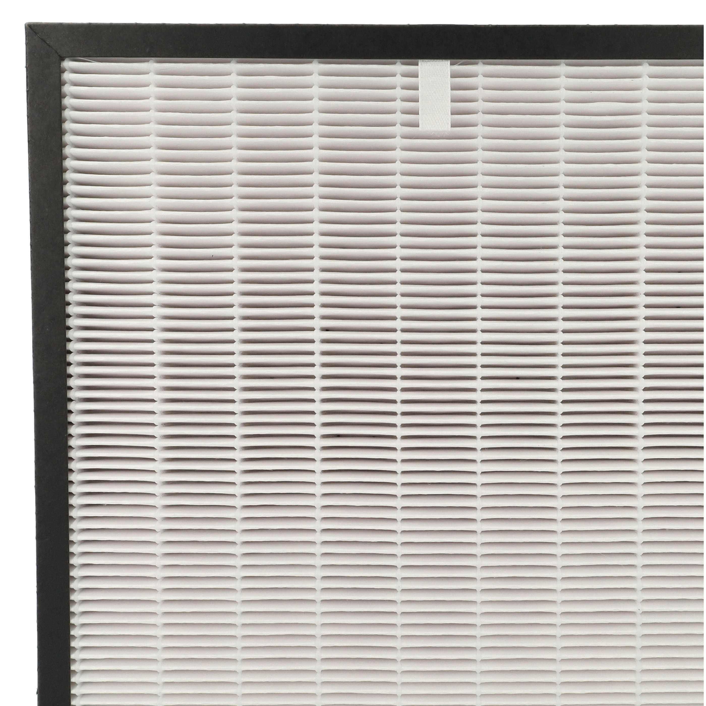 Nahaufnahme eines Luftfilters mit weißem, plissiertem Material in einem schwarzen Rahmen. Oben befindet sich eine weiße Lasche.