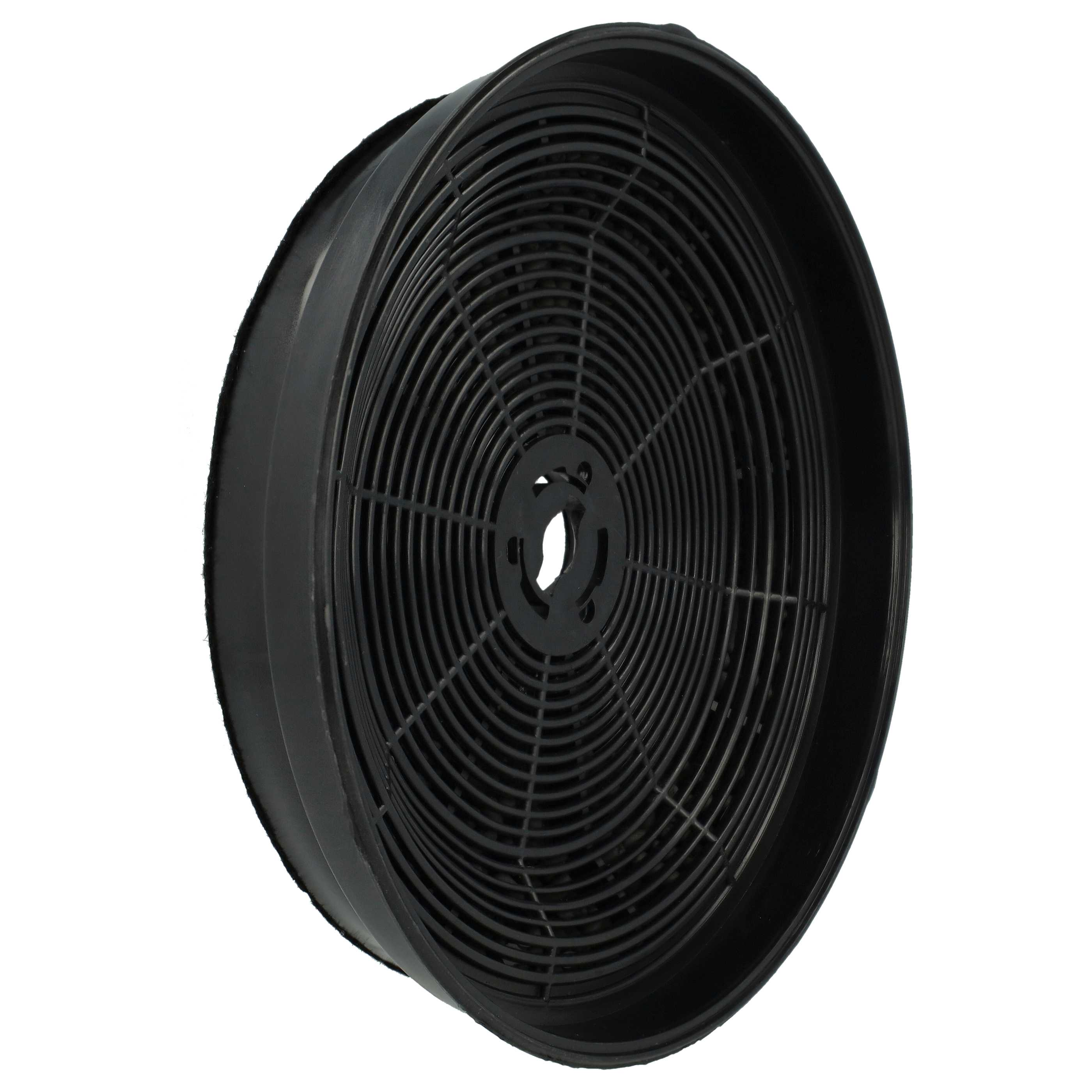 Ein schwarzer, kreisförmiger Aktivkohlefilter für eine Küchenhaube mit spiralförmigem Maschendesign und weißem Hintergrund.
