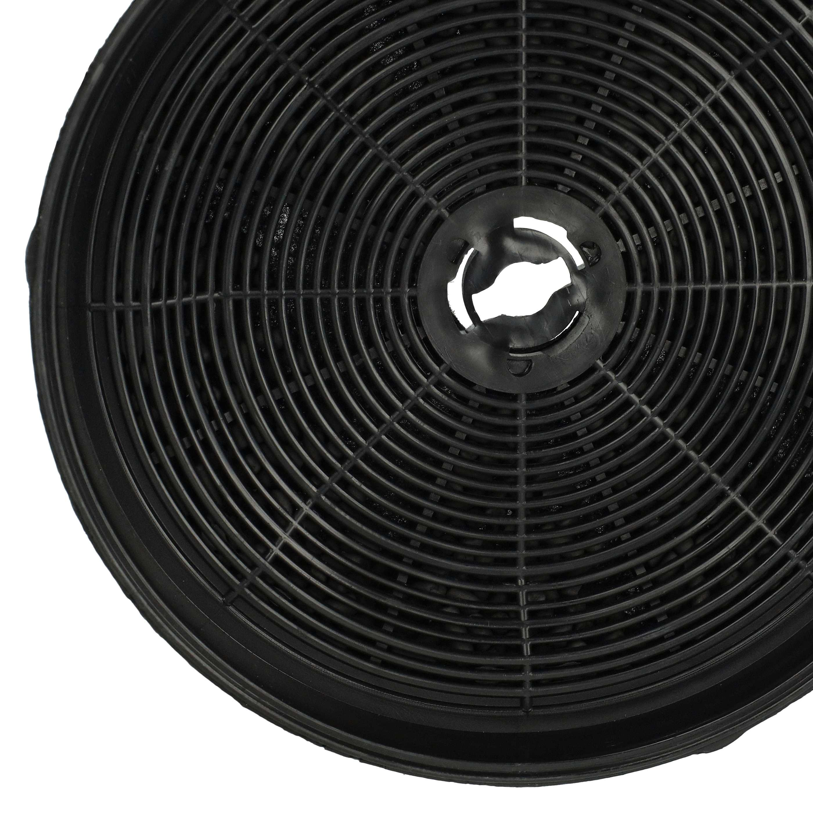 Nahaufnahme eines kreisförmigen schwarzen Kohlefilters mit konzentrischen Ringen. Eine zentrale Öffnung ist sichtbar. Weißer Hintergrund.