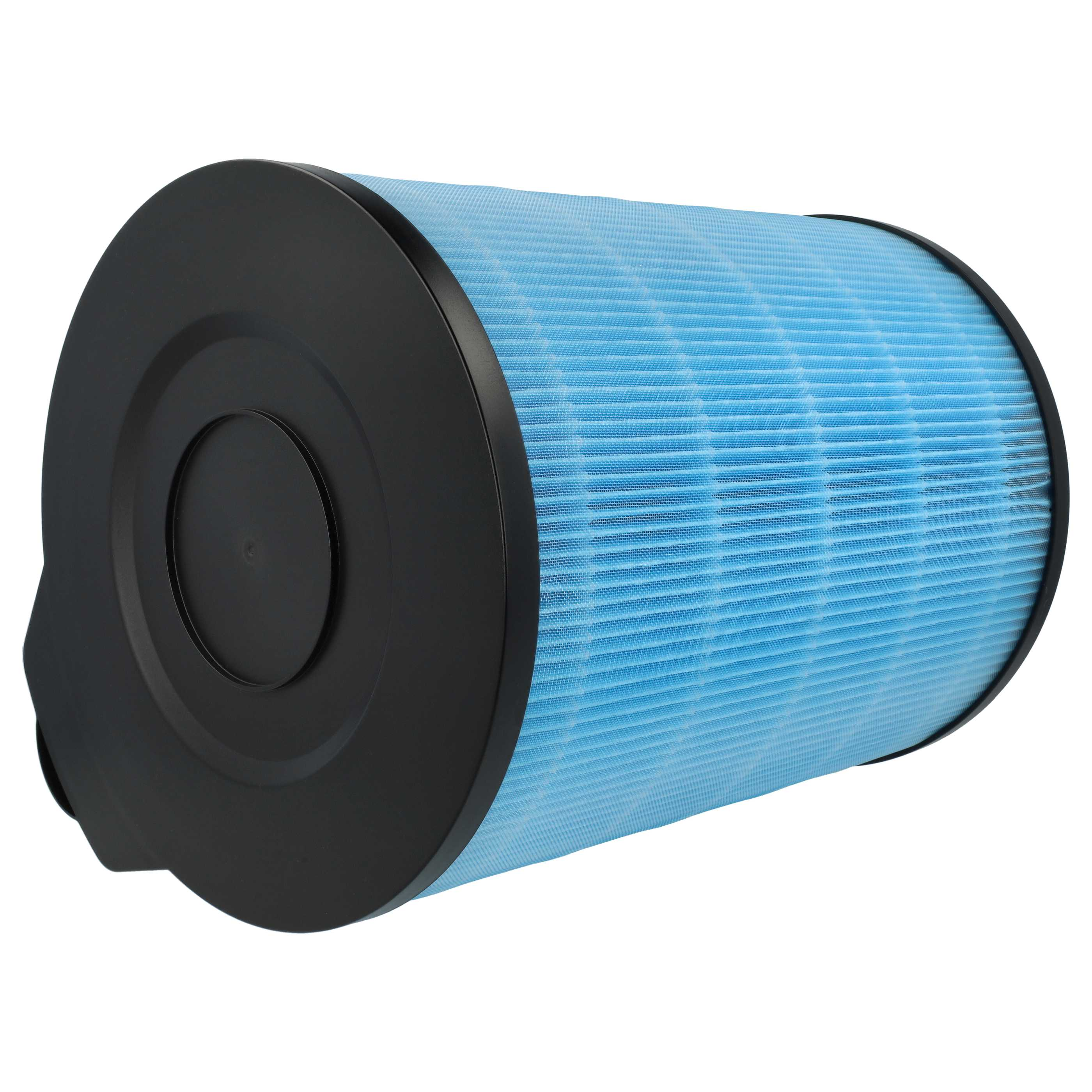 Ein zylindrischer Luftfilter. Er hat blaues, plissiertes Filtermedium und schwarze Kunststoffendkappen.