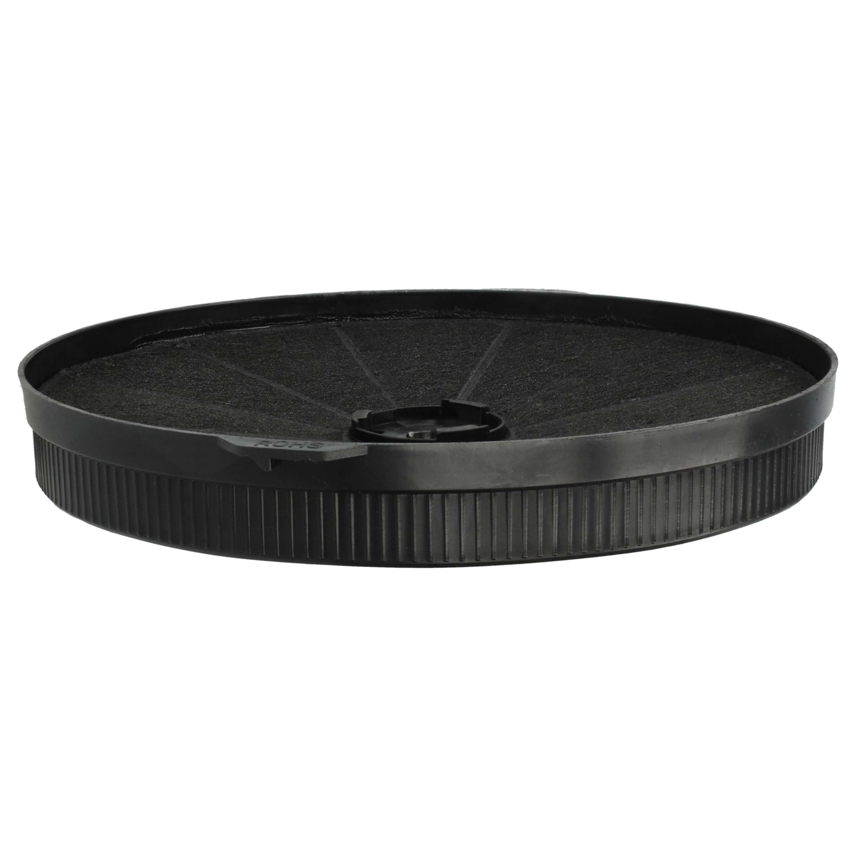 Ein schwarzer, kreisförmiger Aktivkohlefilter für eine Dunstabzugshaube. Er hat einen gerippten Rand und ein dunkles Netzinterieur.
