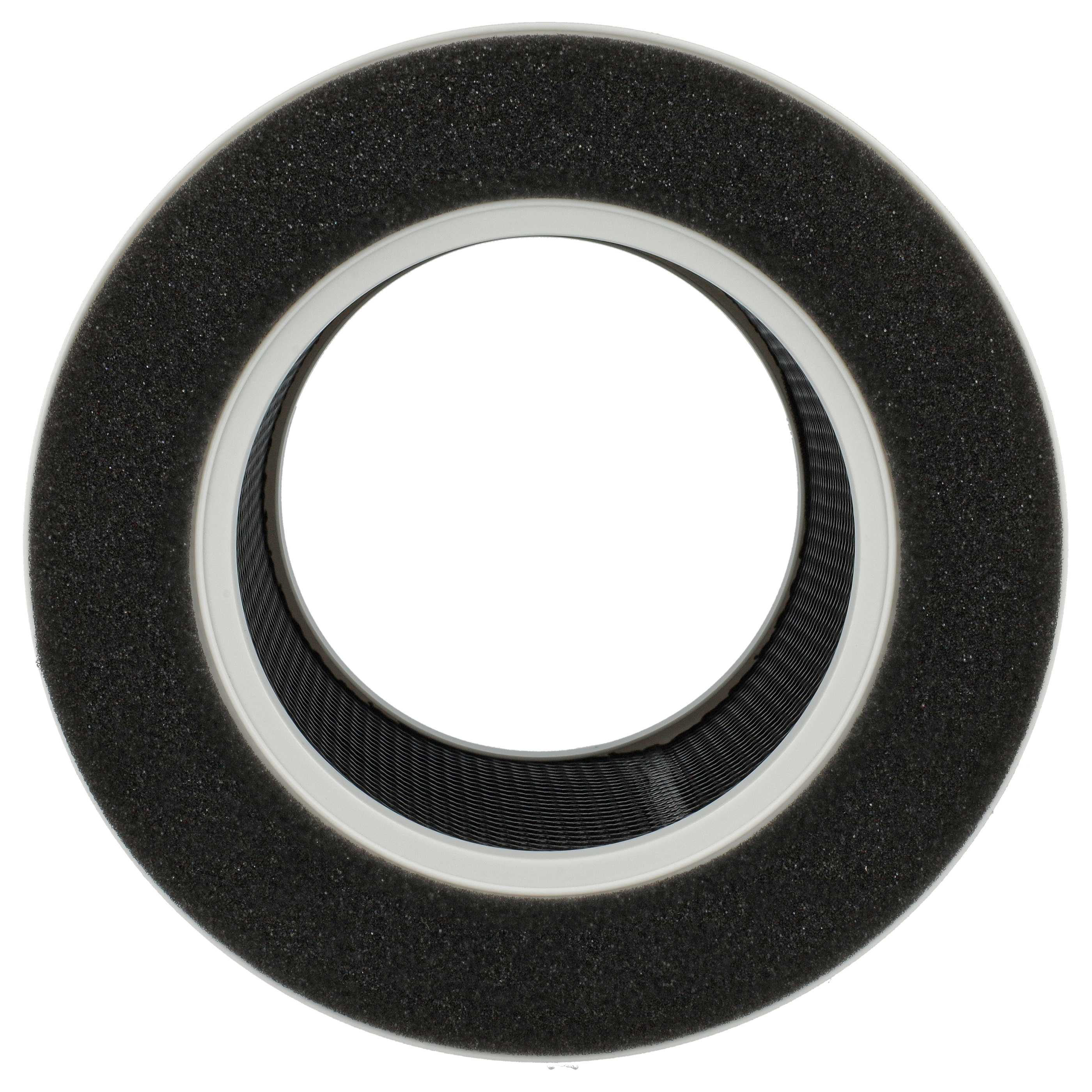 Ein kreisförmiger Luftfilter, schwarzer Schaumstoffrand, weiße Innen- und Außenringe und schwarzes Filtermaterial.