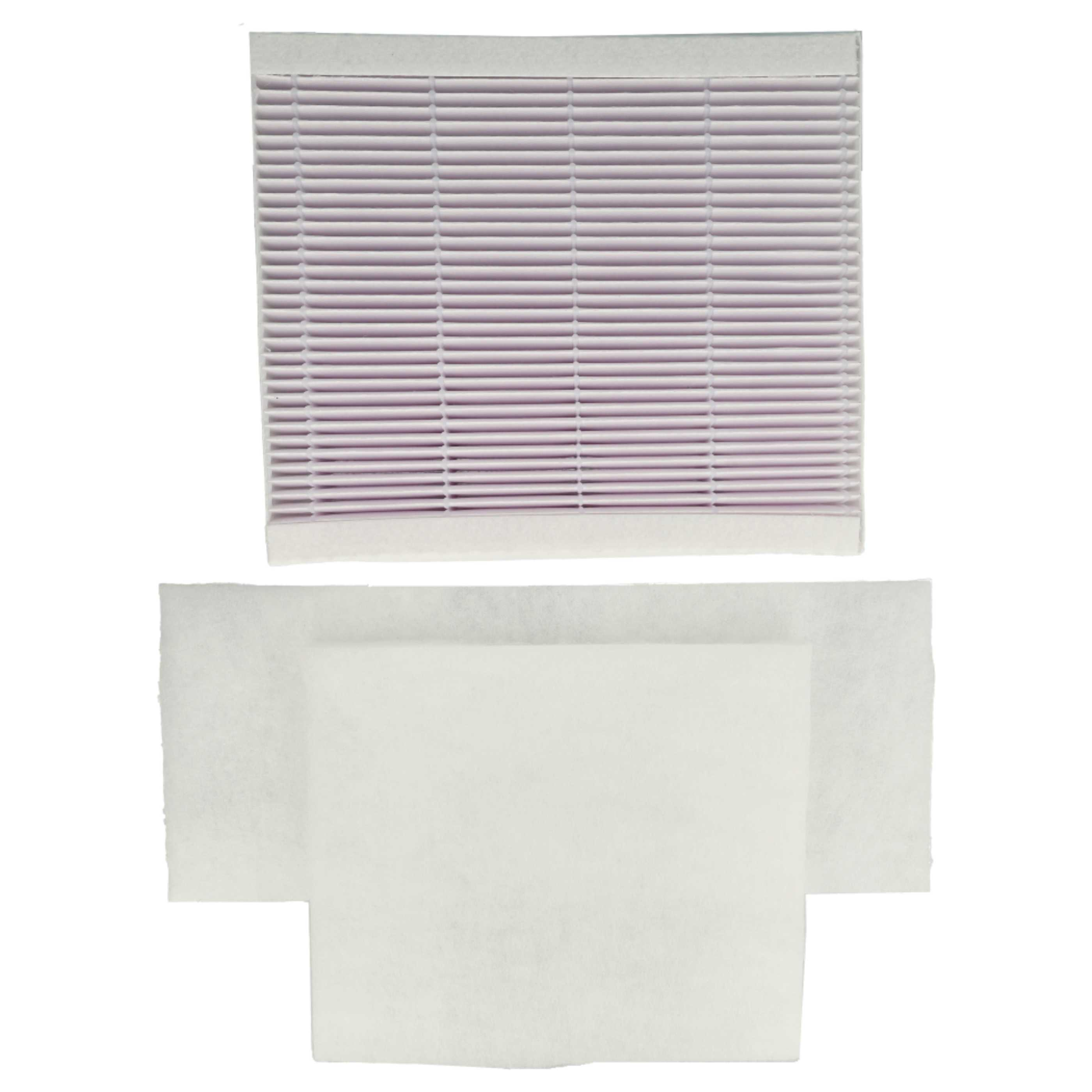 Ein Luftfilter mit einem gefalteten, hellvioletten Filter über einem weißen rechteckigen Filter.