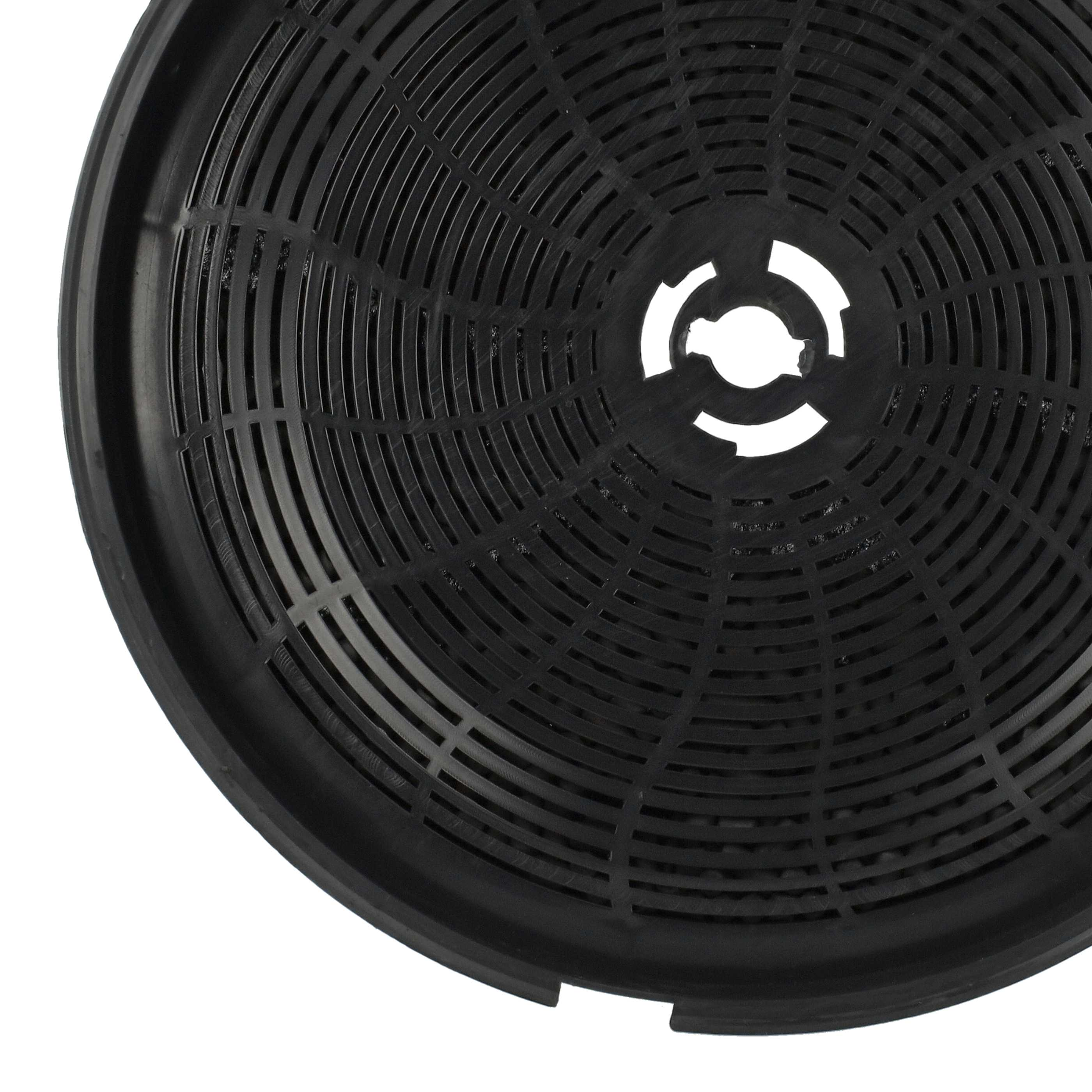 Nahaufnahme eines schwarzen, kreisförmigen Aktivkohlefilters mit Gittermuster und weißem Hintergrund.