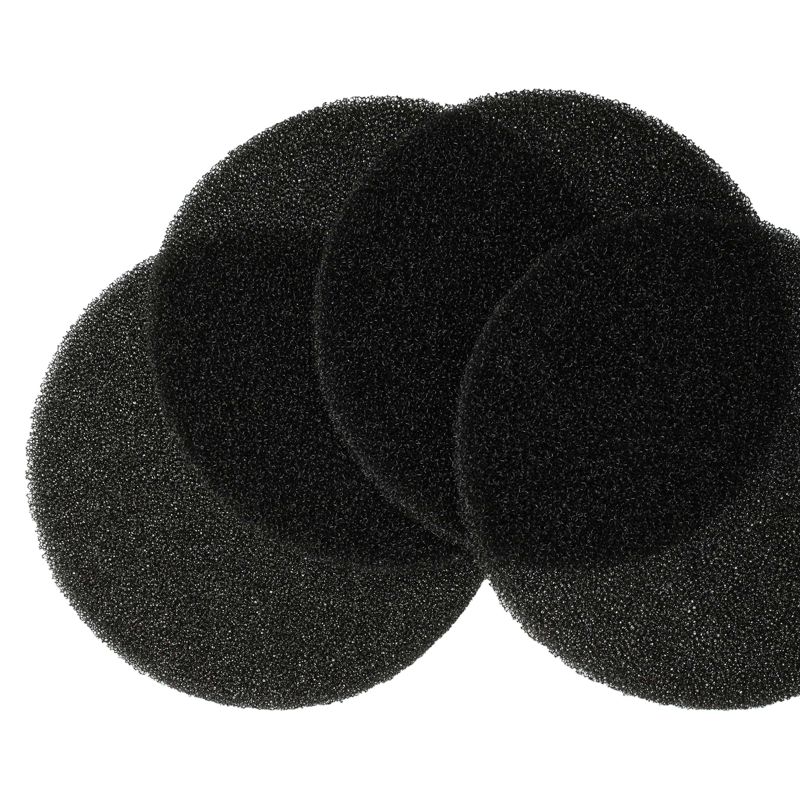Vier schwarze, kreisförmige Schaumstofffilter auf weißem Hintergrund. Sie sind strukturiert und neu.